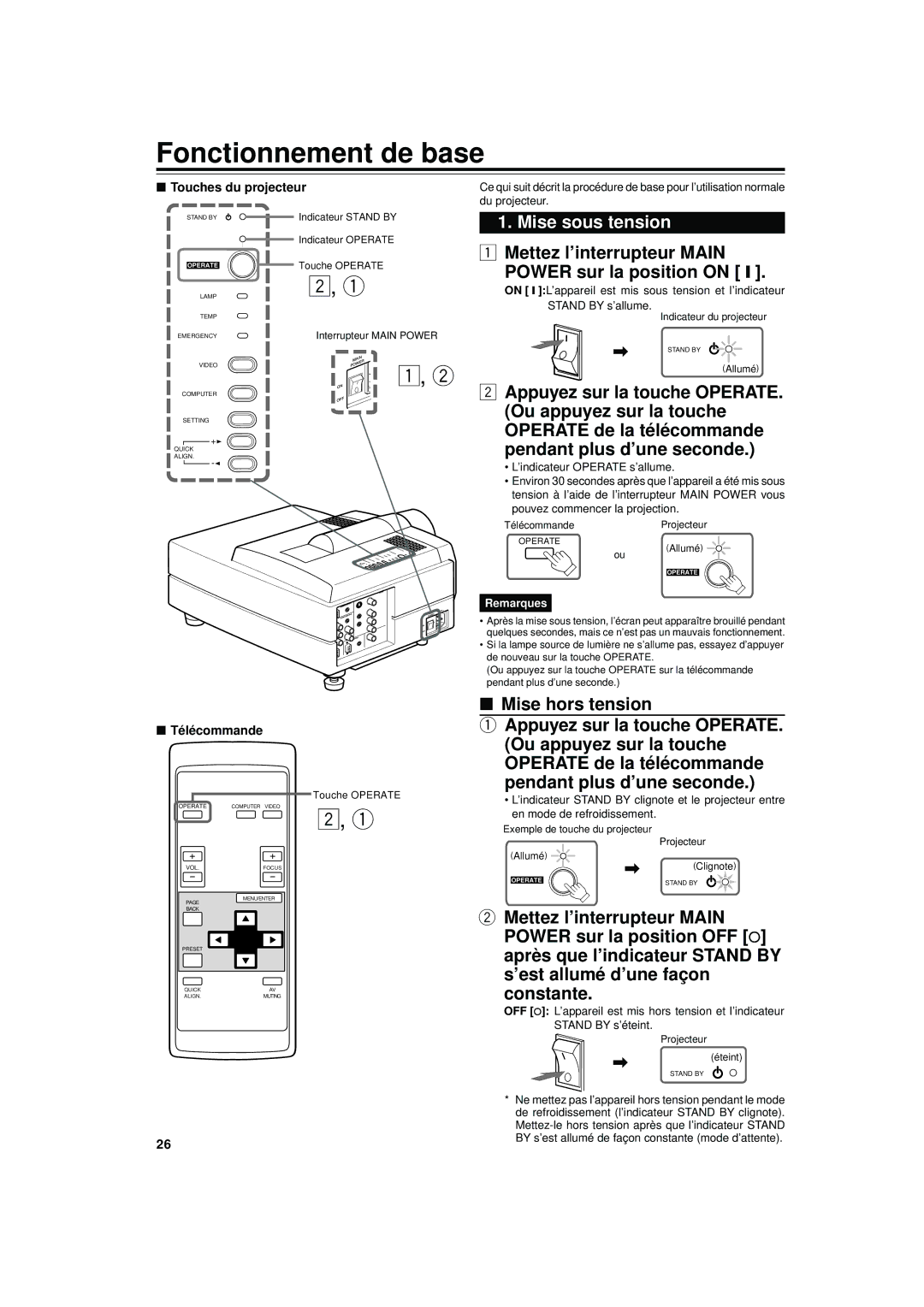 JVC DLA-S15U manual Fonctionnement de base, Mise sous tension, Mise hors tension, Touches du projecteur, Télécommande 