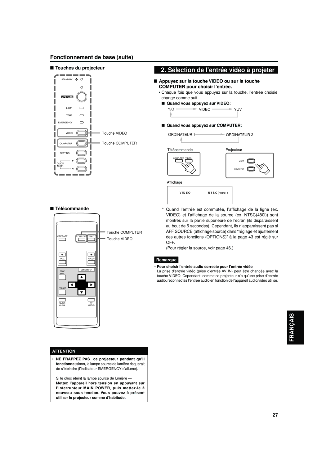 JVC DLA-S15U manual Fonctionnement de base suite, Quand vous appuyez sur Video, Quand vous appuyez sur Computer 