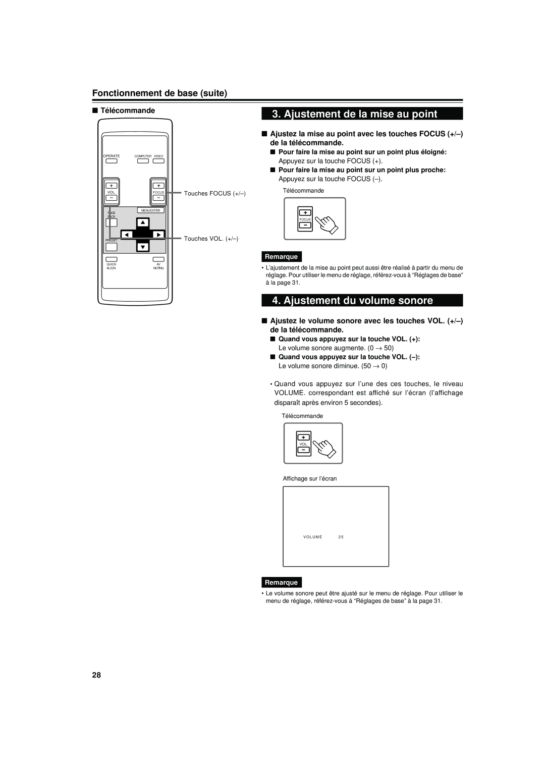 JVC DLA-S15U manual Ajustement de la mise au point, Ajustement du volume sonore 