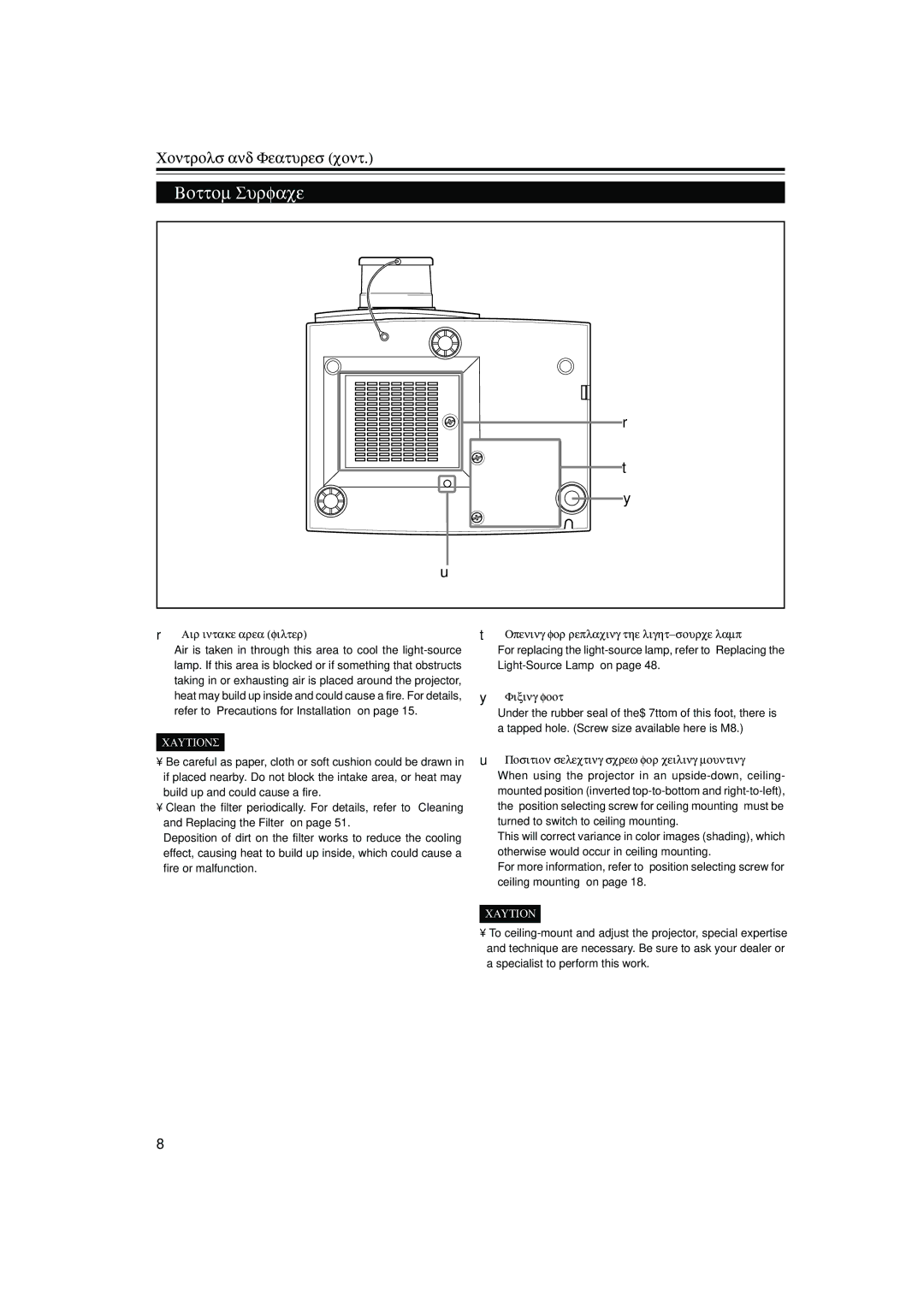 JVC DLA-S15U manual Bottom Surface, Air intake area filter, Opening for replacing the light-source lamp, Fixing foot 