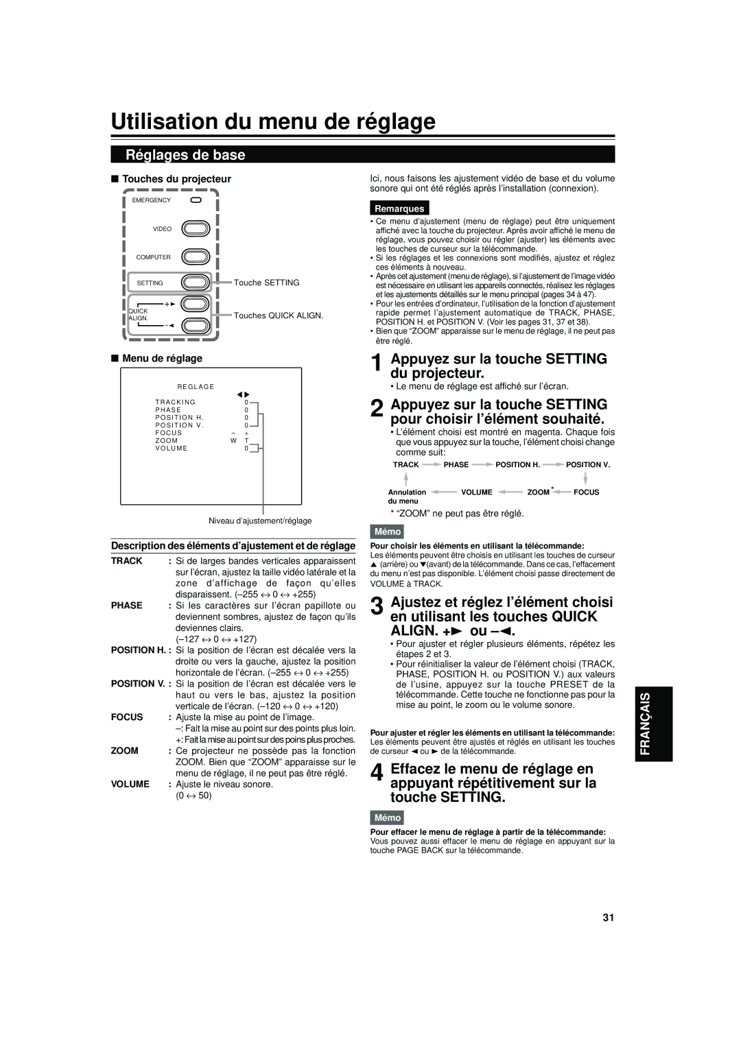 JVC DLA-S15U manual Utilisation du menu de réglage, Réglages de base, Appuyez sur la touche Setting du projecteur 