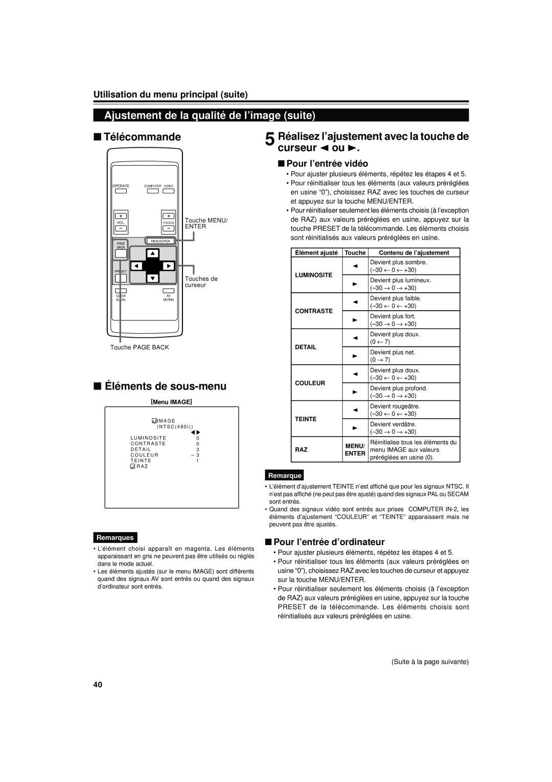 JVC DLA-S15U manual Ajustement de la qualité de l’image suite, Réalisez l’ajustement avec la touche de curseur 2 ou 