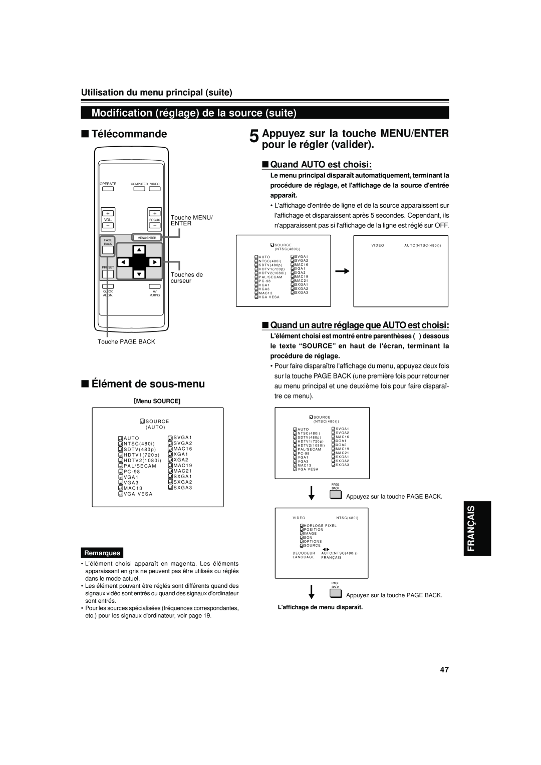 JVC DLA-S15U Modification réglage de la source suite, Appuyez sur la touche MENU/ENTER pour le régler valider, Français 