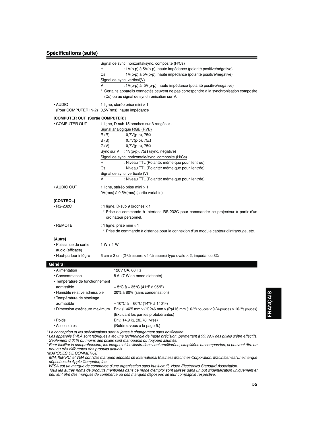 JVC DLA-S15U manual Spécifications suite, Français, Général, COMPUTER OUT Sortie COMPUTER, Control, Autre 