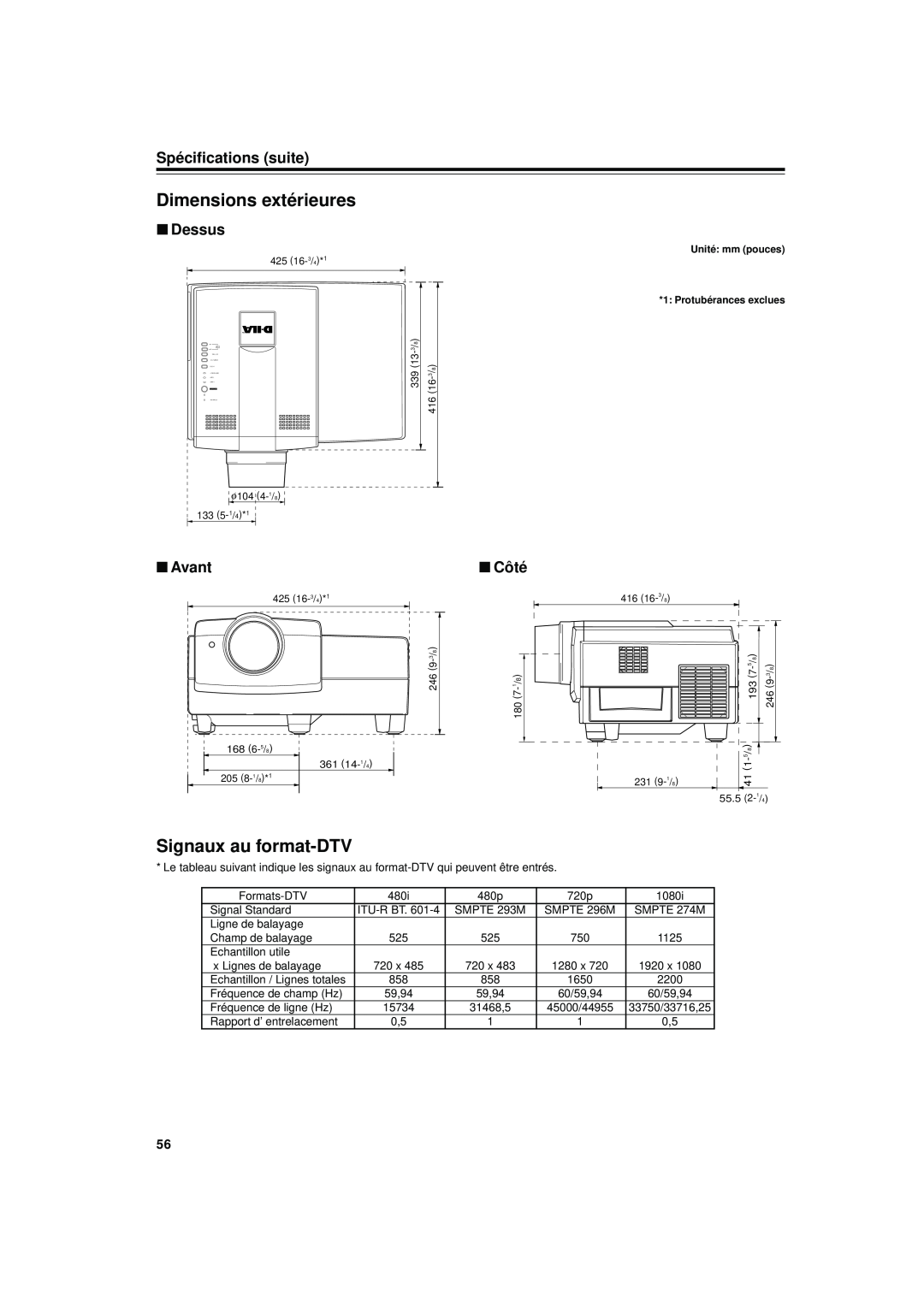 JVC DLA-S15U manual Dimensions extérieures, Signaux au format-DTV, Spécifications suite, Dessus, Avant, Côté 