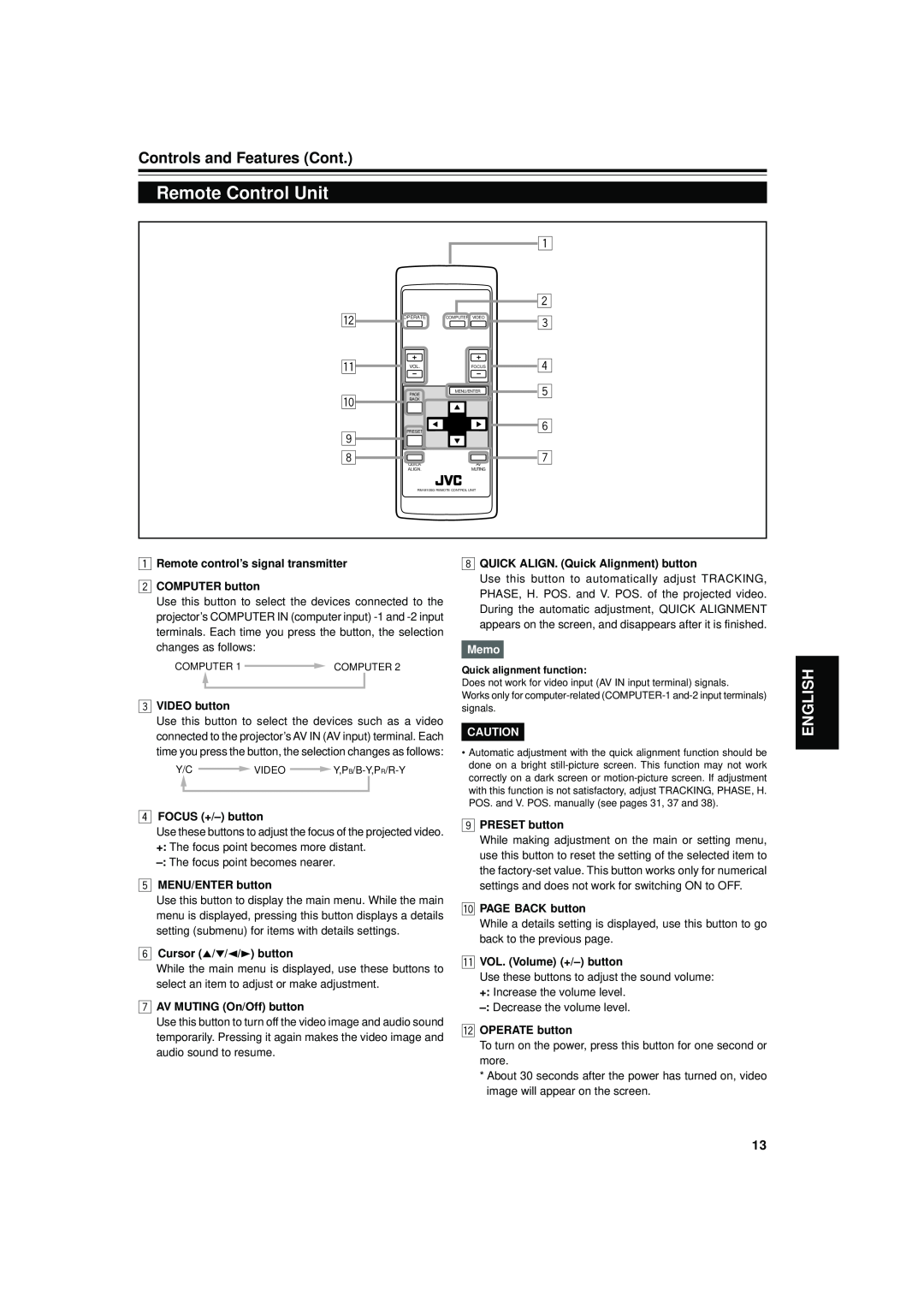 JVC DLA-S15U Remote Control Unit, Controls and Features Cont, English, VIDEO button, QUICK ALIGN. Quick Alignment button 