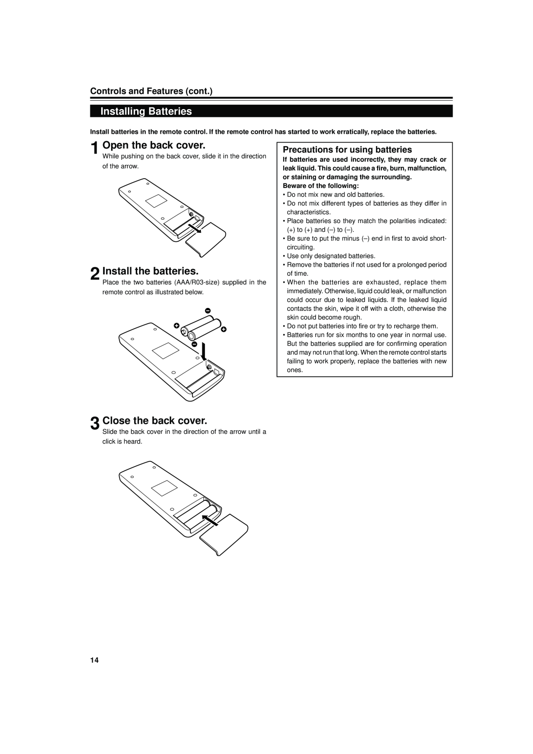 JVC DLA-S15U manual Installing Batteries, Open the back cover, Install the batteries, Close the back cover 