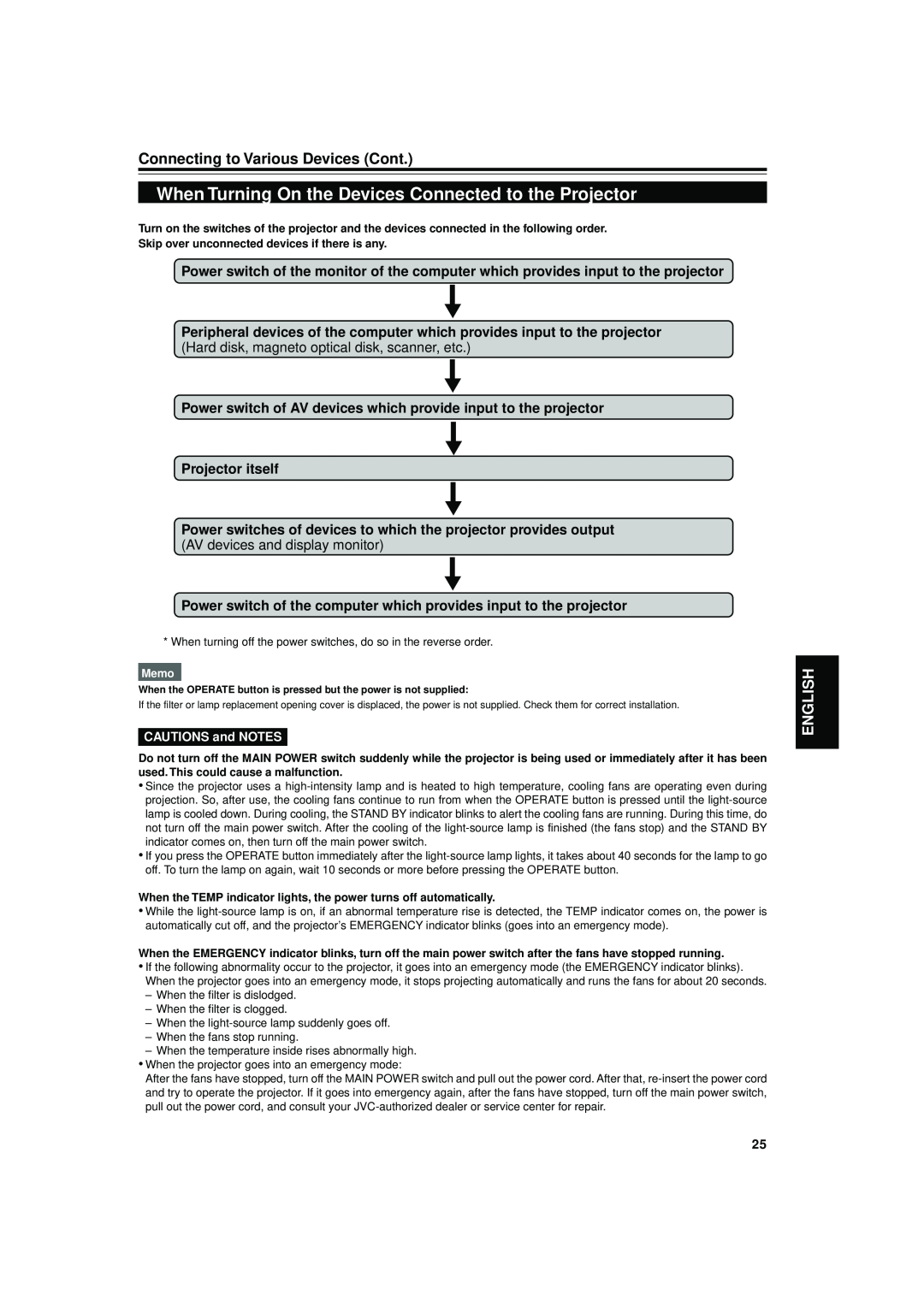 JVC DLA-S15U manual When Turning On the Devices Connected to the Projector, Connecting to Various Devices Cont, English 