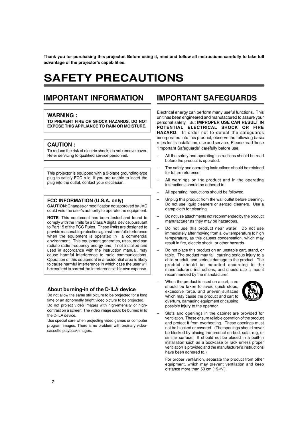 JVC DLA-S15U manual Safety Precautions, Important Information Important Safeguards, About burning-in of the D-ILA device 