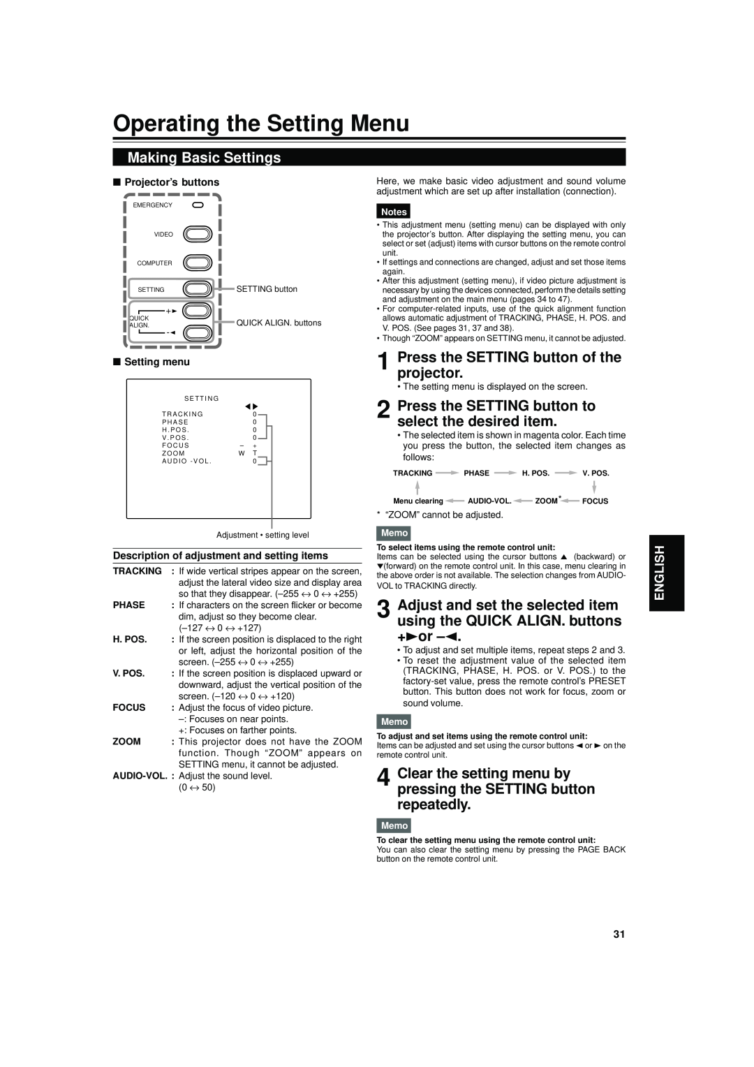 JVC DLA-S15U Operating the Setting Menu, Making Basic Settings, Press the SETTING button of the projector, English, Phase 