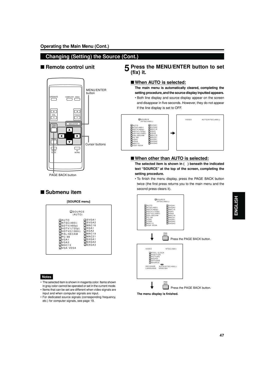 JVC DLA-S15U manual Changing Setting the Source Cont, Press the MENU/ENTER button to set fix it, Submenu item, English 