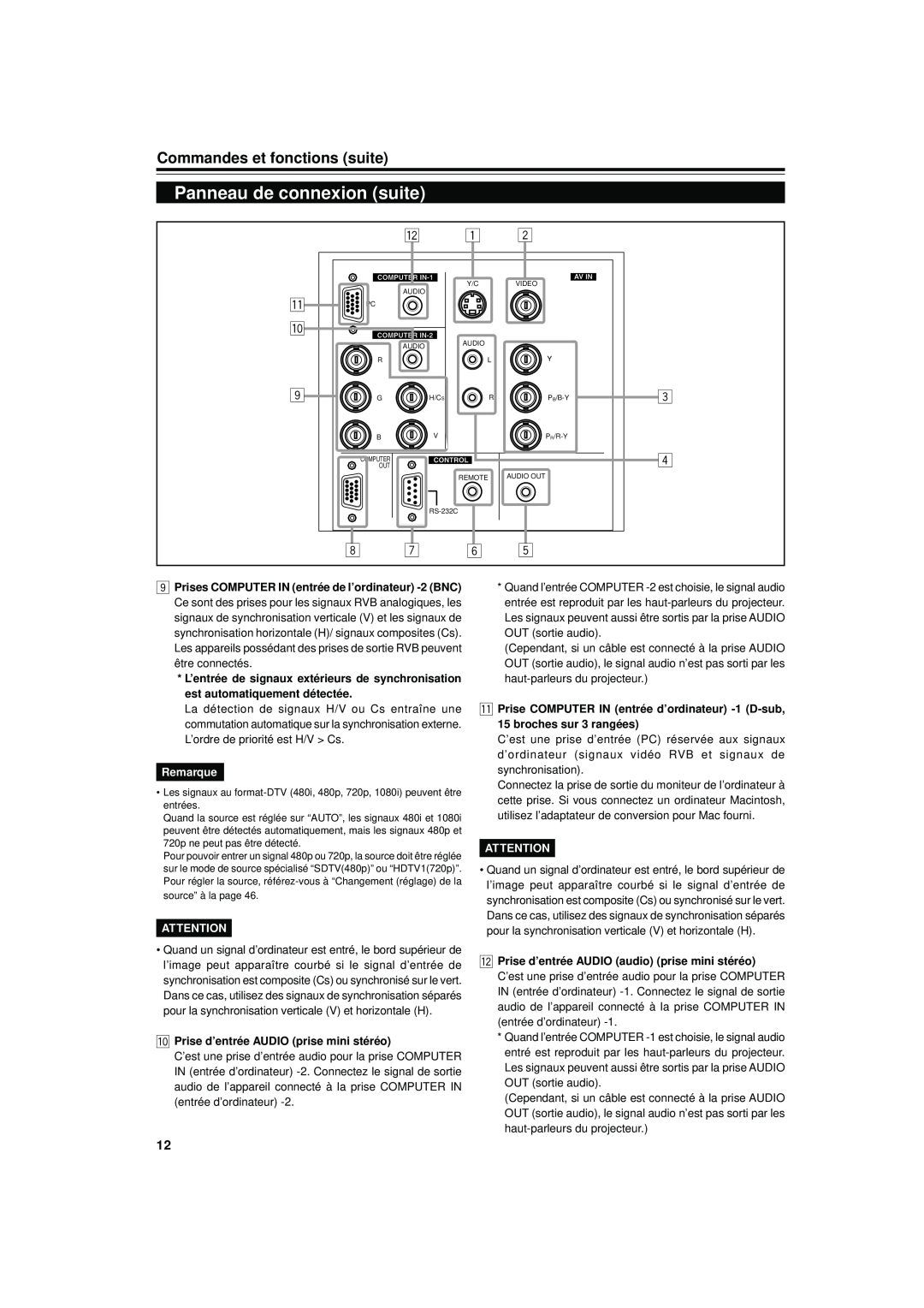 JVC DLA-S15U Panneau de connexion suite, Commandes et fonctions suite, Remarque, p Prise d’entrée AUDIO prise mini stéréo 