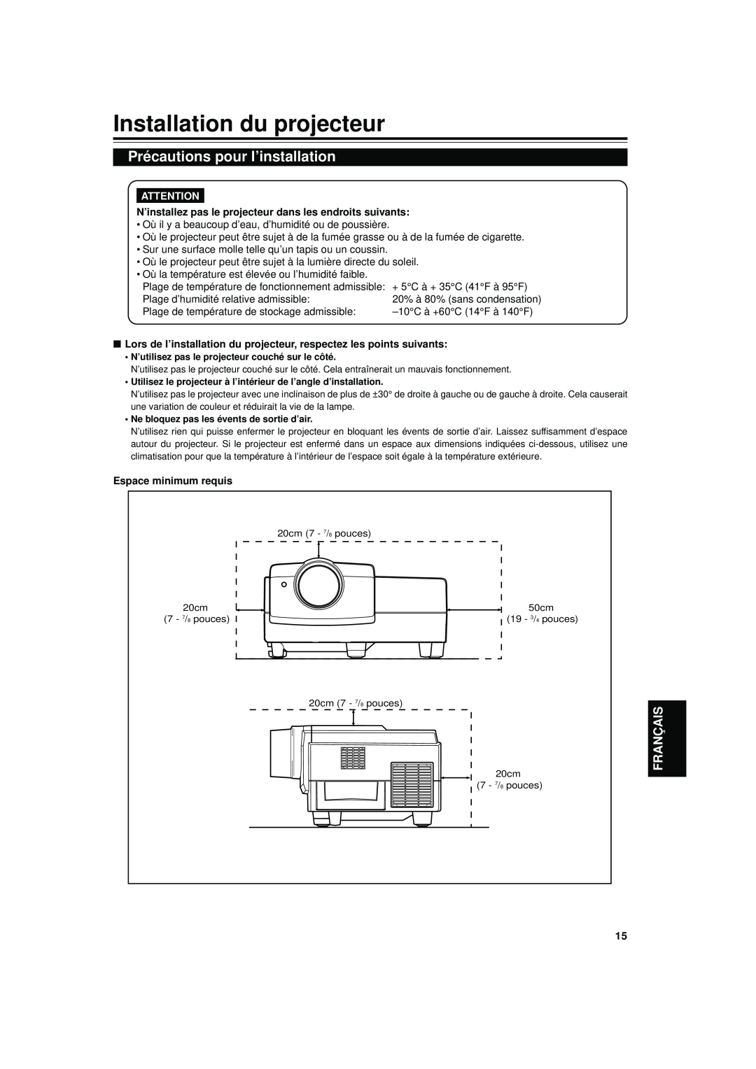 JVC DLA-S15U manual Installation du projecteur, Précautions pour l’installation, Français, Espace minimum requis 