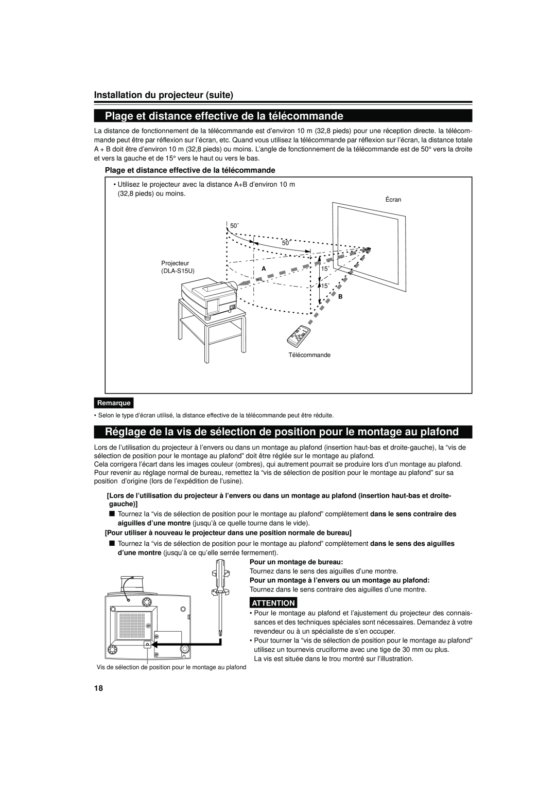 JVC DLA-S15U manual Plage et distance effective de la télécommande, Installation du projecteur suite, Remarque 