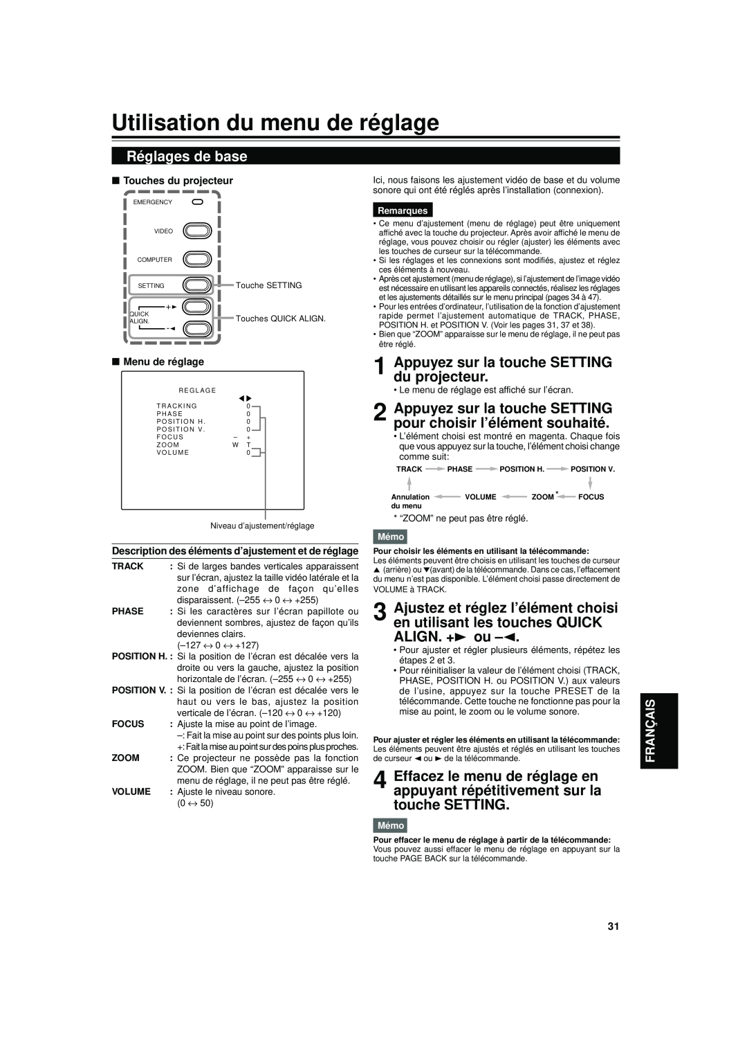 JVC DLA-S15U manual Utilisation du menu de réglage, Réglages de base, Appuyez sur la touche SETTING du projecteur 