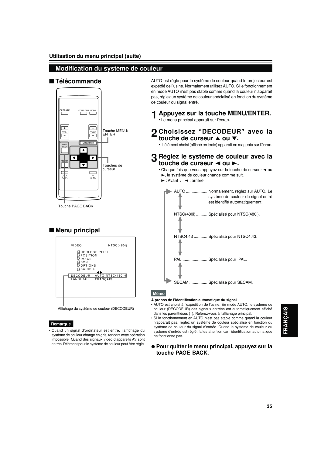 JVC DLA-S15U Modification du système de couleur, Appuyez sur la touche MENU/ENTER, Télécommande, Menu principal, Français 