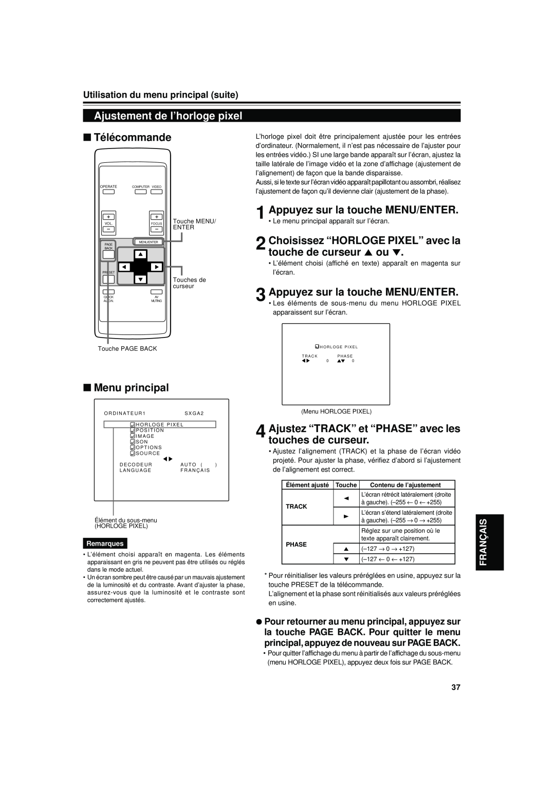 JVC DLA-S15U manual Ajustement de l’horloge pixel, Choisissez “HORLOGE PIXEL” avec la touche de curseur 5 ou, Télécommande 