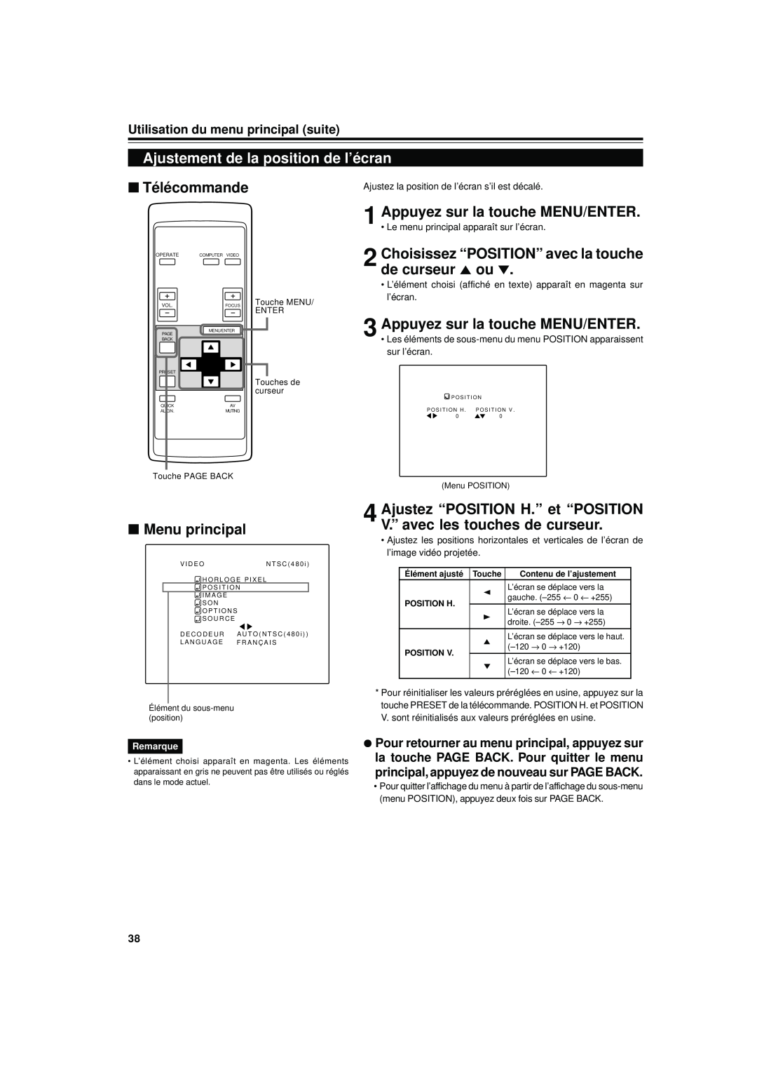 JVC DLA-S15U Ajustement de la position de l’écran, Choisissez “POSITION” avec la touche de curseur 5 ou, Télécommande 