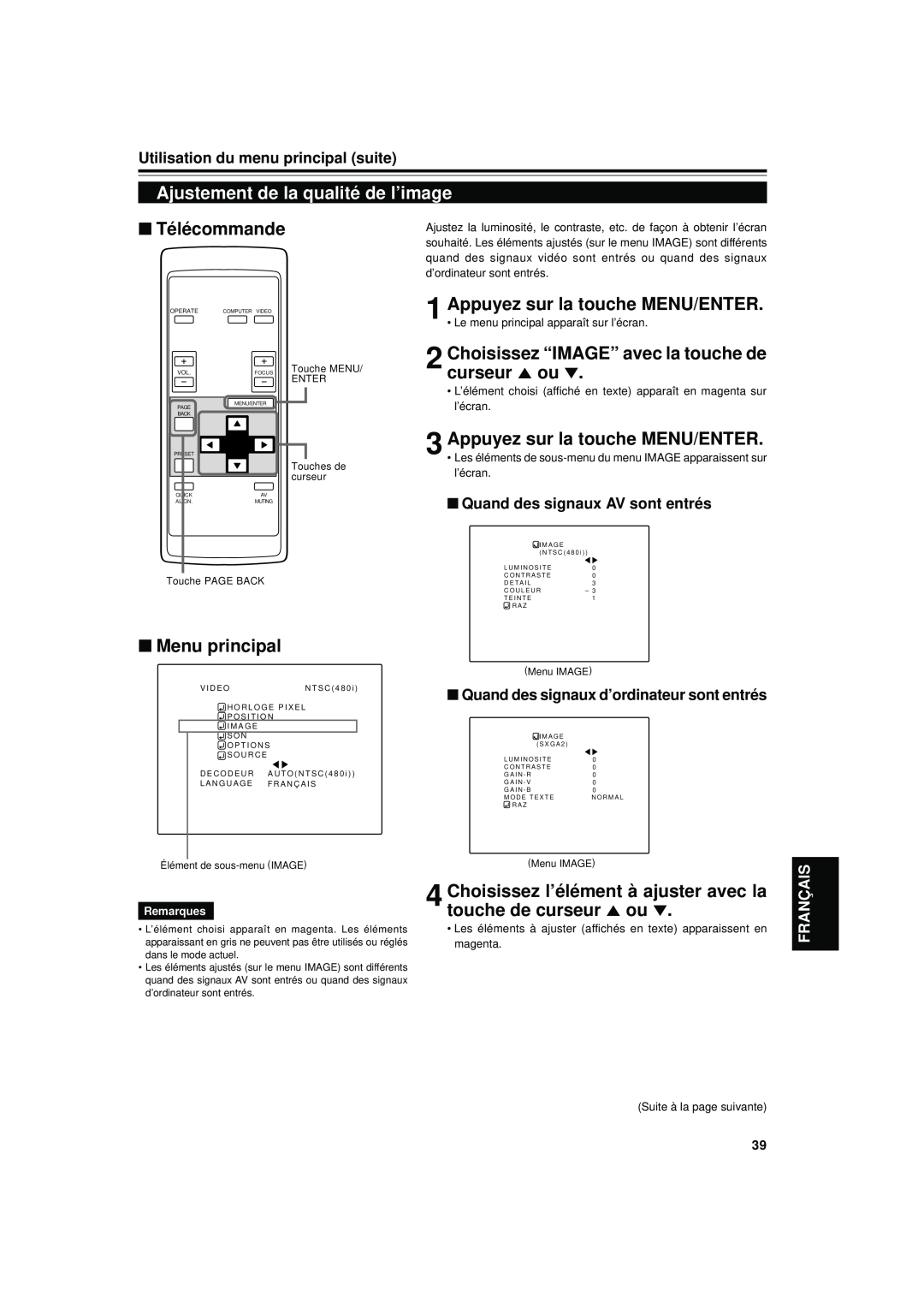 JVC DLA-S15U manual Ajustement de la qualité de l’image, Choisissez “IMAGE” avec la touche de curseur 5 ou, Télécommande 