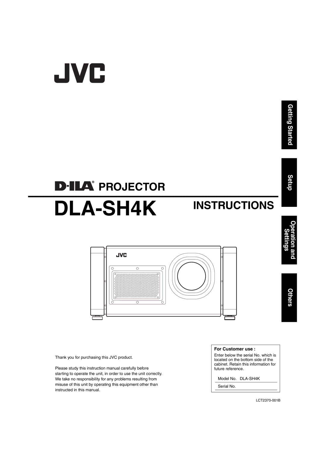 JVC DLA-SH4K instruction manual For Customer use, Thank you for purchasing this JVC product 