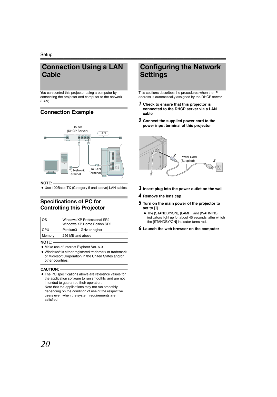 JVC DLA-SH4K Connection Using a LAN Cable, Configuring the Network Settings, Connection Example, PC for this Projector 