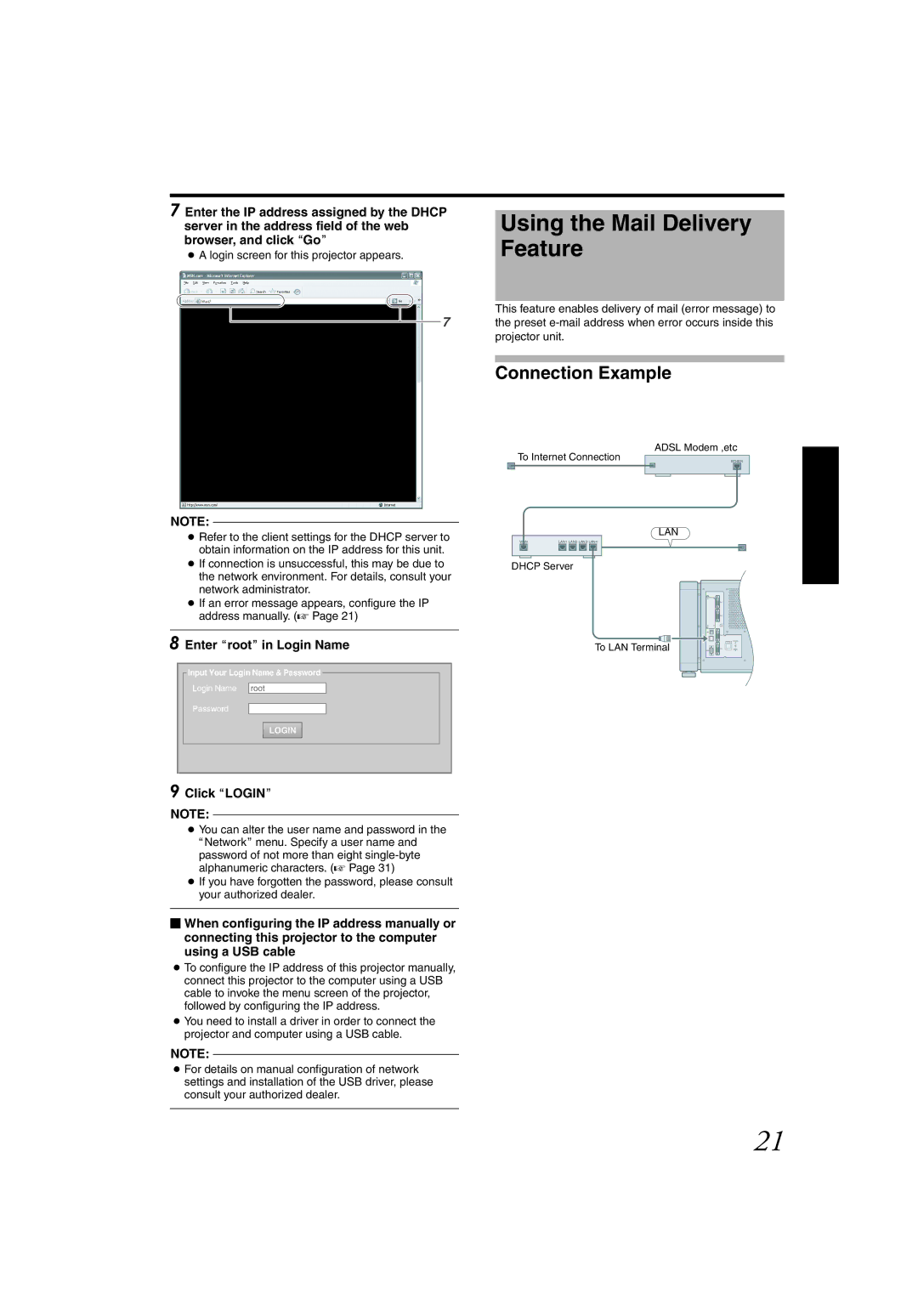 JVC DLA-SH4K instruction manual Using the Mail Delivery Feature, Enter ArootB in Login Name, Click Aloginb 