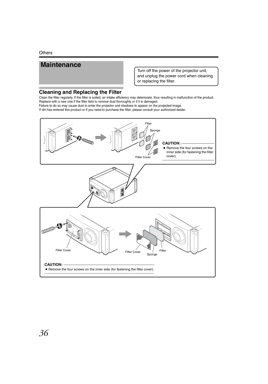 JVC DLA-SH4K instruction manual Maintenance, Cleaning and Replacing the Filter 