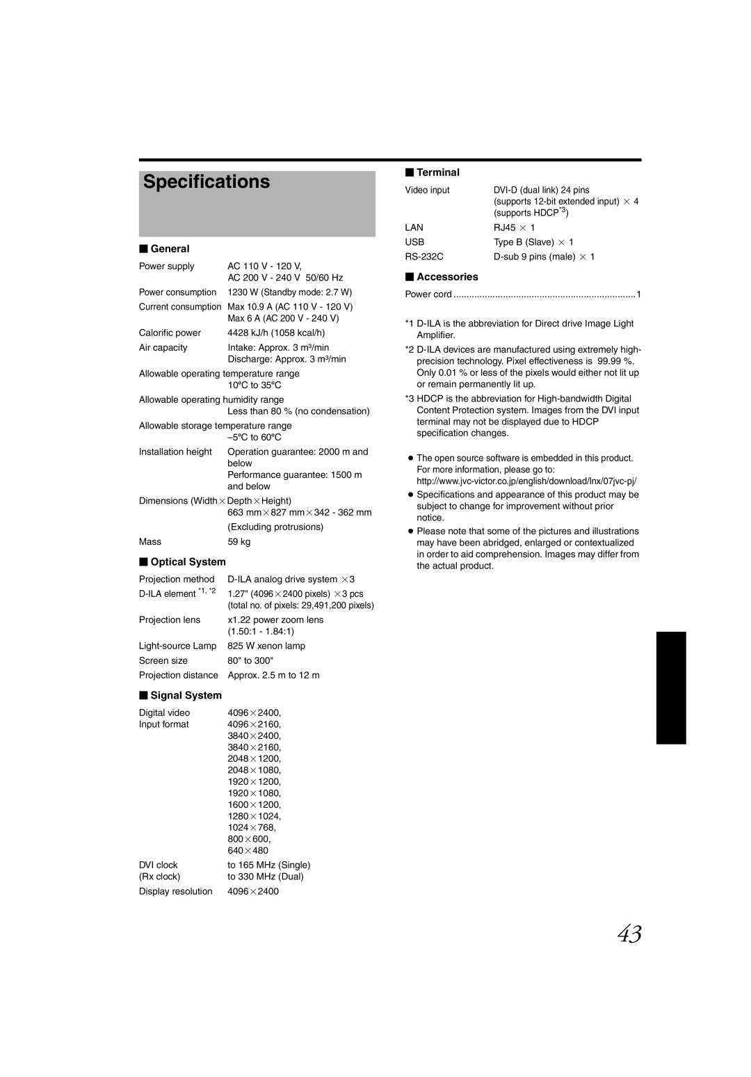 JVC DLA-SH4K instruction manual Specifications 