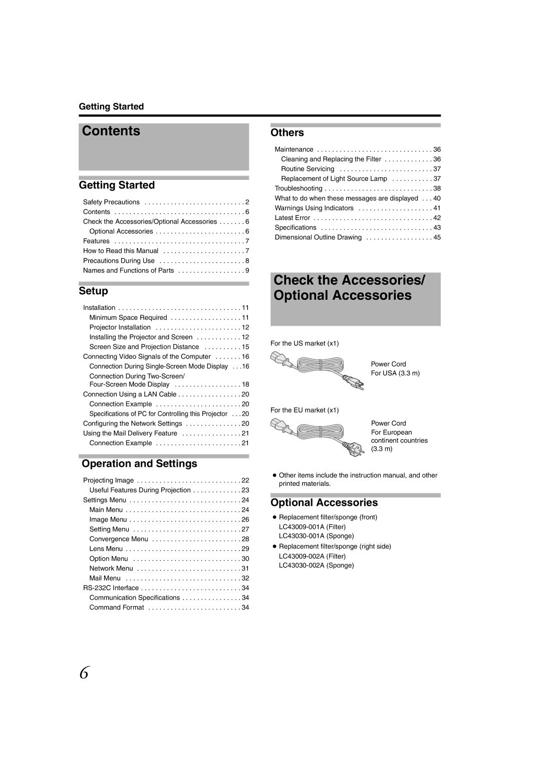 JVC DLA-SH4K instruction manual Contents, Check the Accessories/ Optional Accessories 