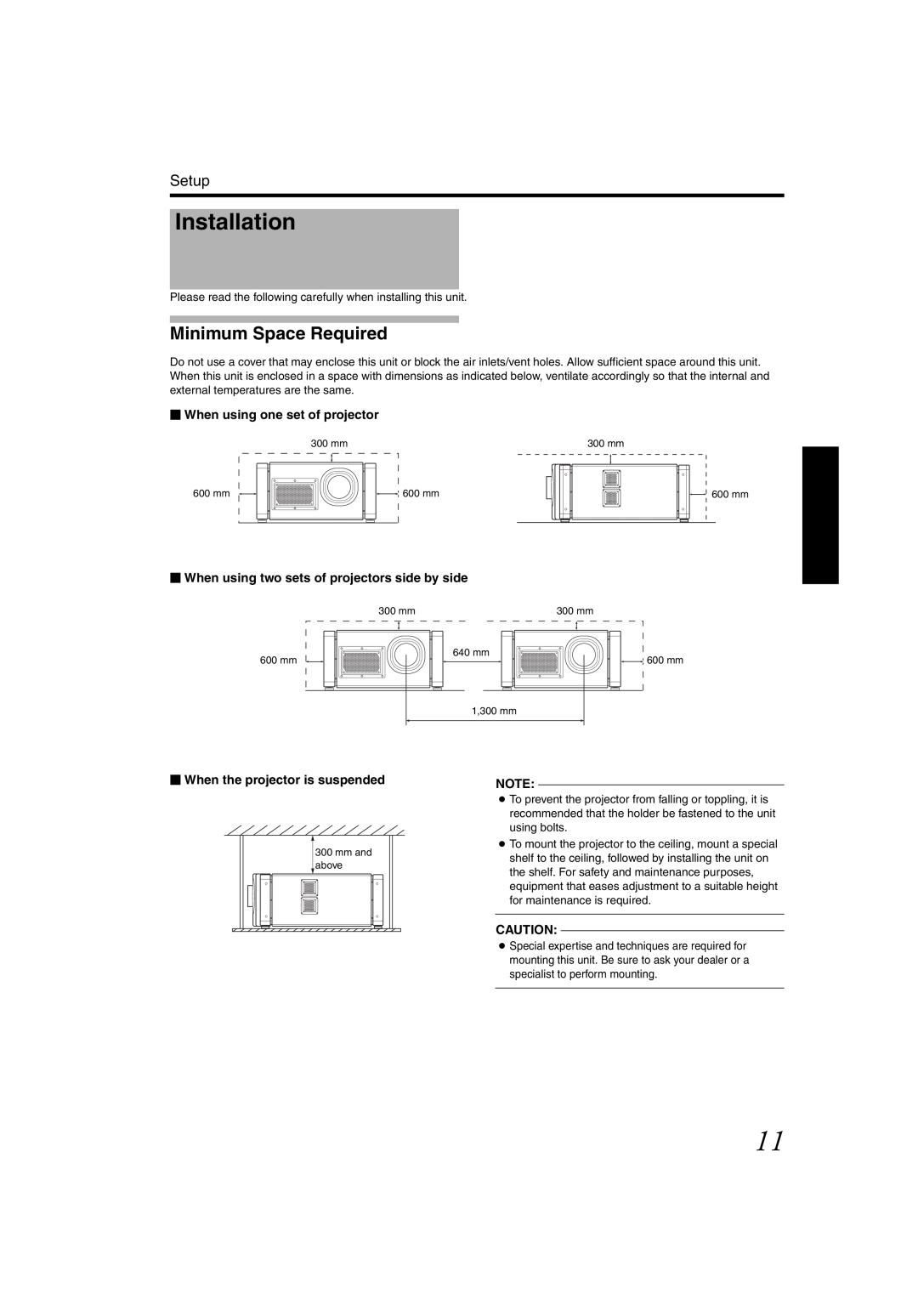 JVC DLA-SH4K instruction manual Installation, Minimum Space Required, Setup,  When using one set of projector 