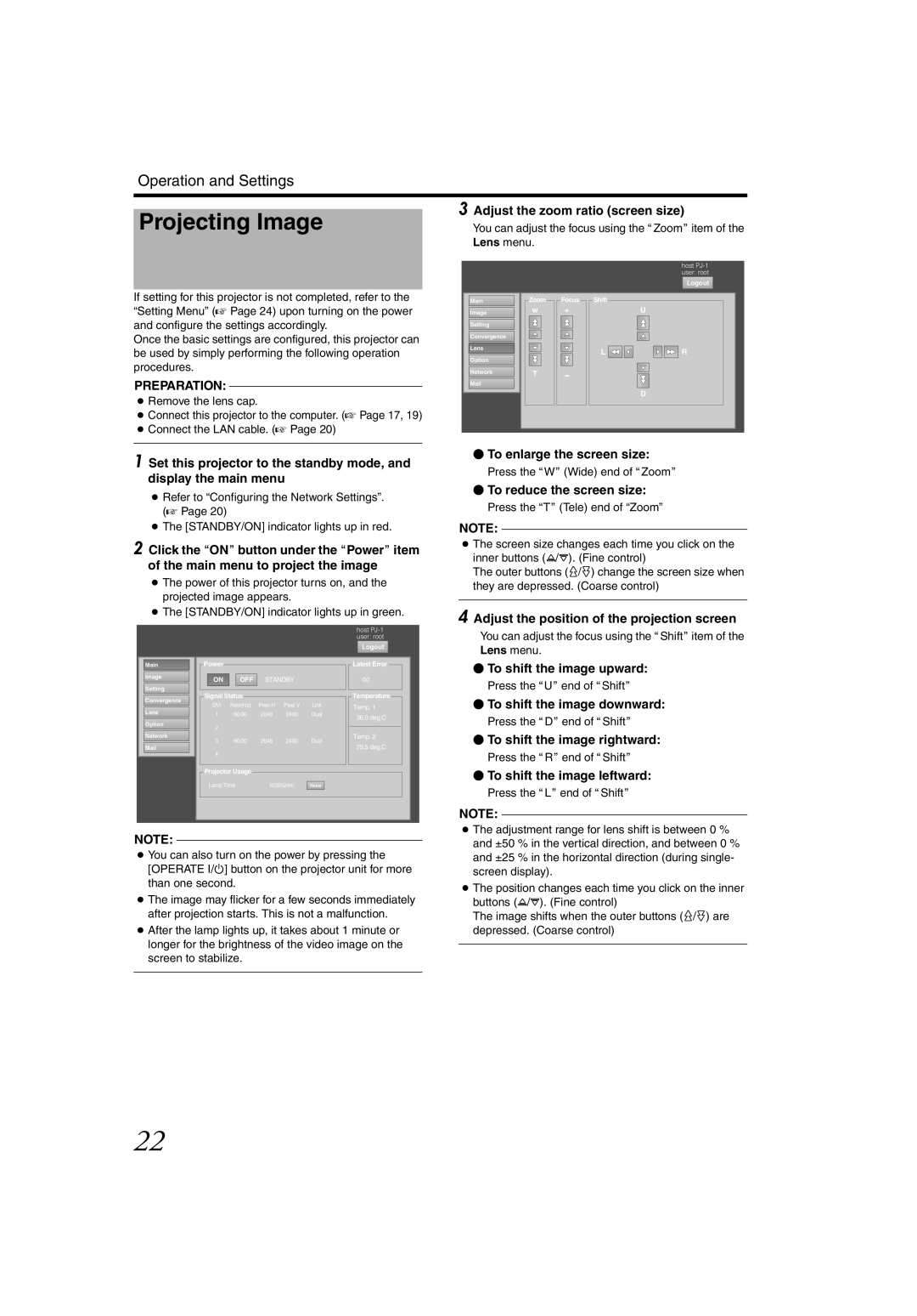 JVC DLA-SH4K instruction manual Projecting Image, Operation and Settings, Adjust the zoom ratio screen size, Preparation 