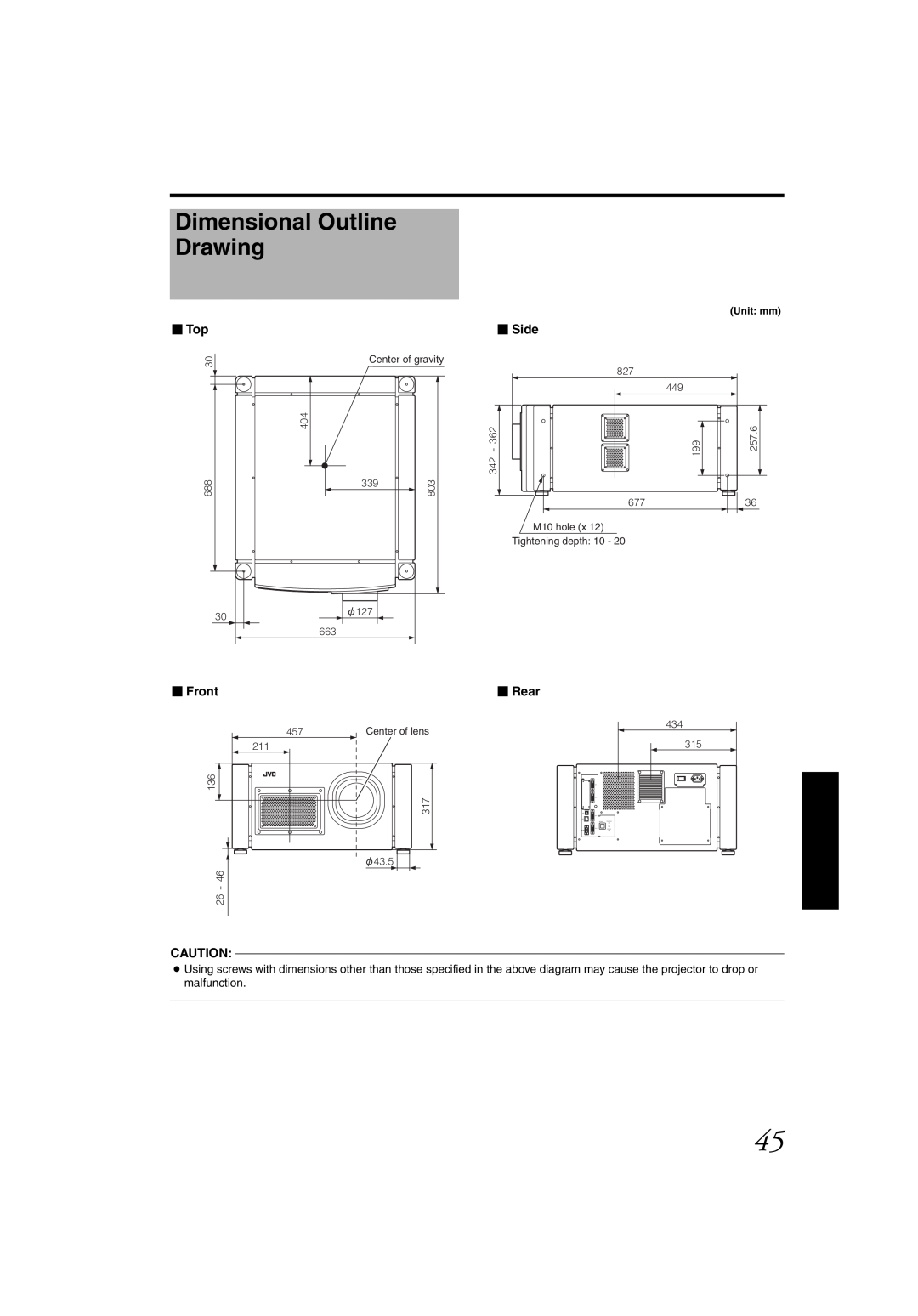 JVC DLA-SH4K instruction manual Dimensional Outline Drawing,  Top,  Side,  Front,  Rear, Unit mm 
