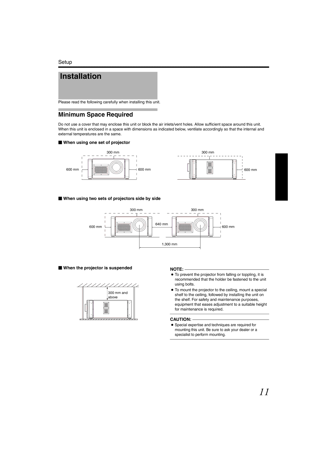 JVC DLA-SH4KNL Installation, Minimum Space Required,  When using one set of projector,  When the projector is suspended 