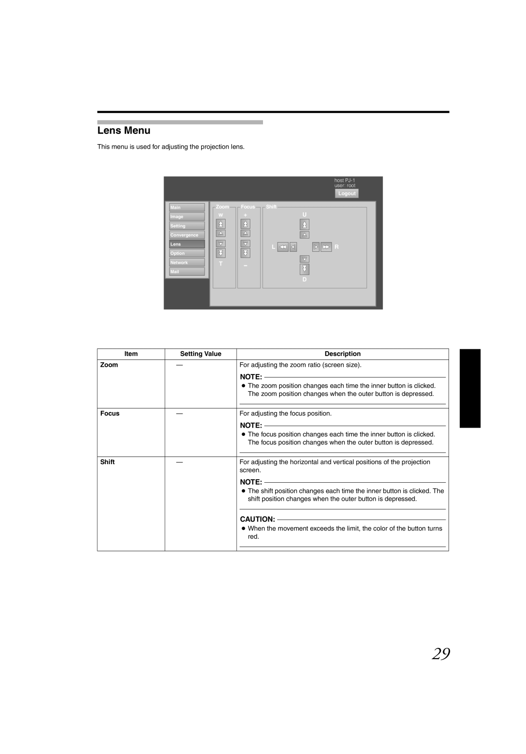 JVC DLA-SH4KNL instruction manual Lens Menu, Focus, Shift 