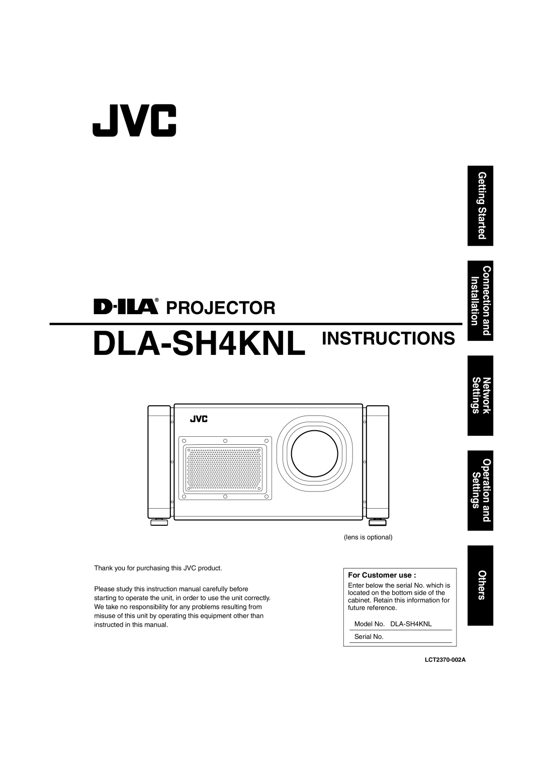 JVC instruction manual Projector DLA-SH4KNLINSTRUCTIONS 