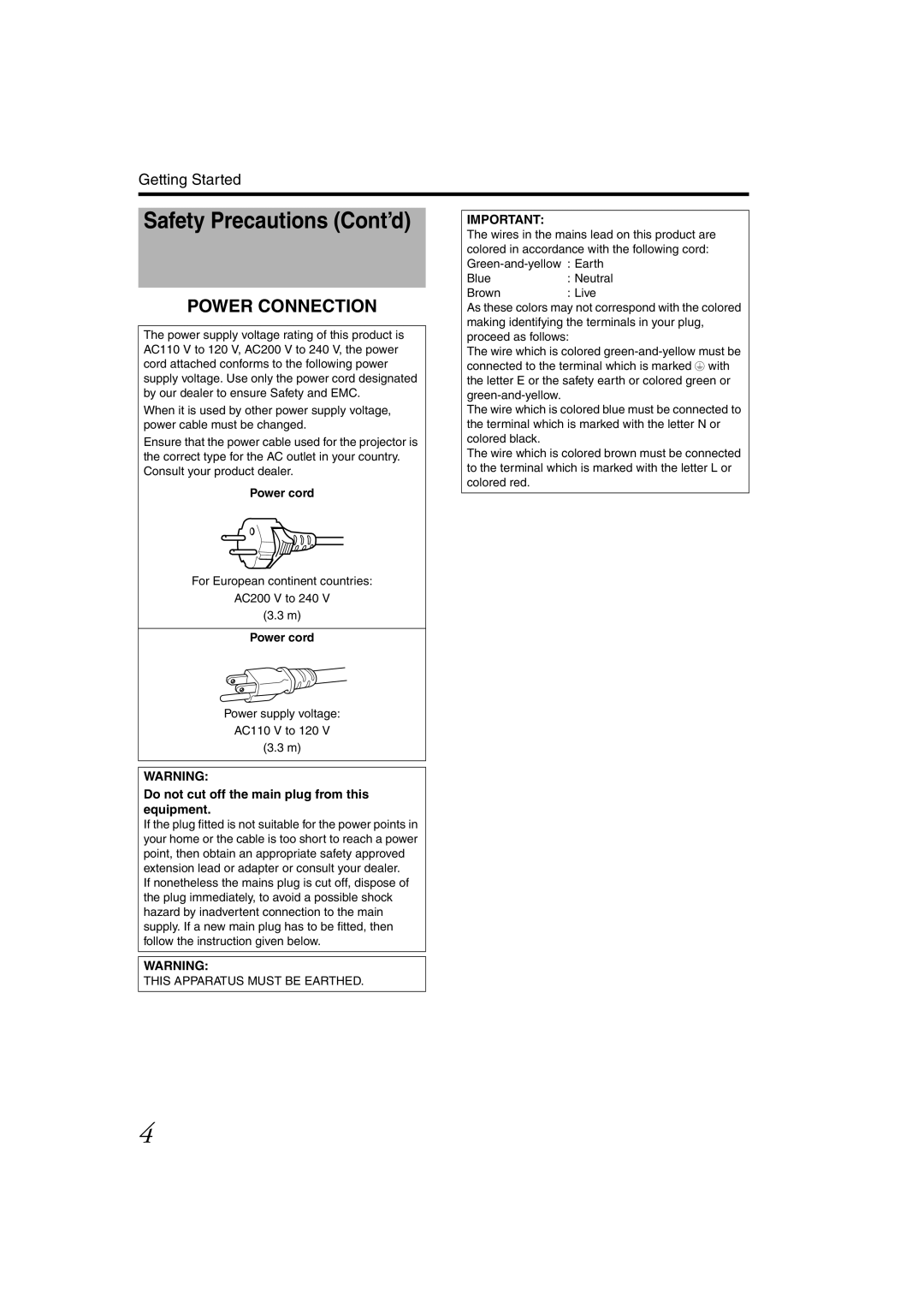 JVC DLA-SH4KNL instruction manual For European continent countries AC200 V to 240 