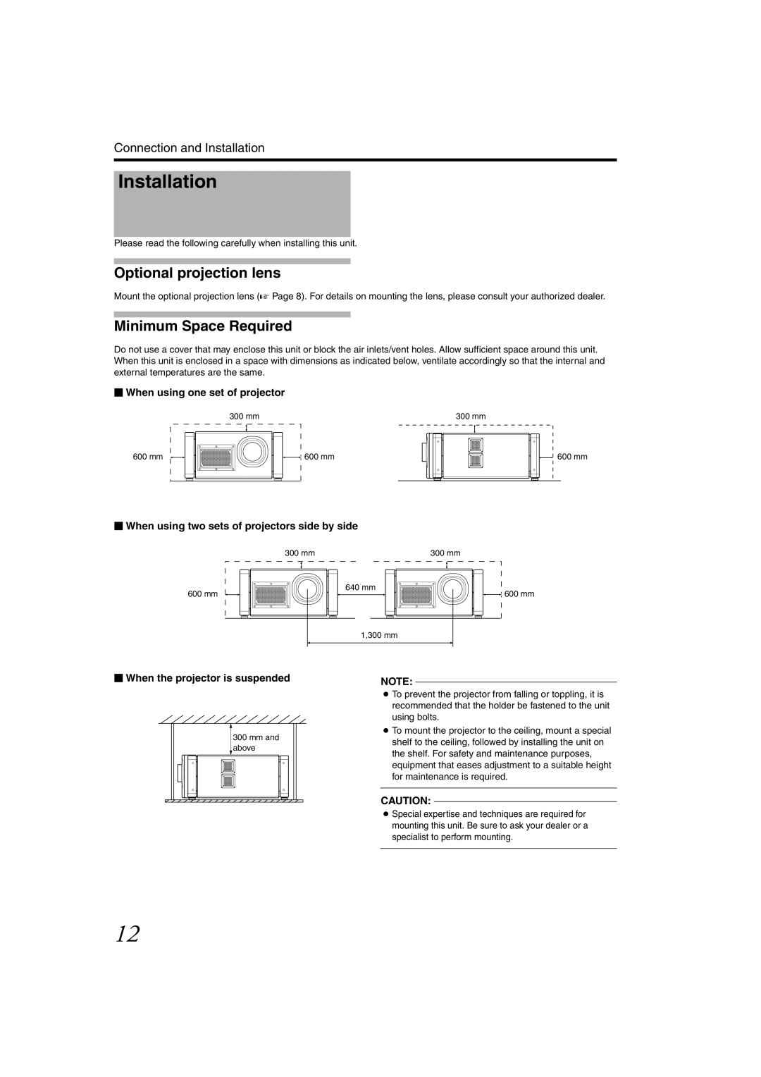 JVC DLA-SH4KNL Optional projection lens,  When using one set of projector,  When the projector is suspended 