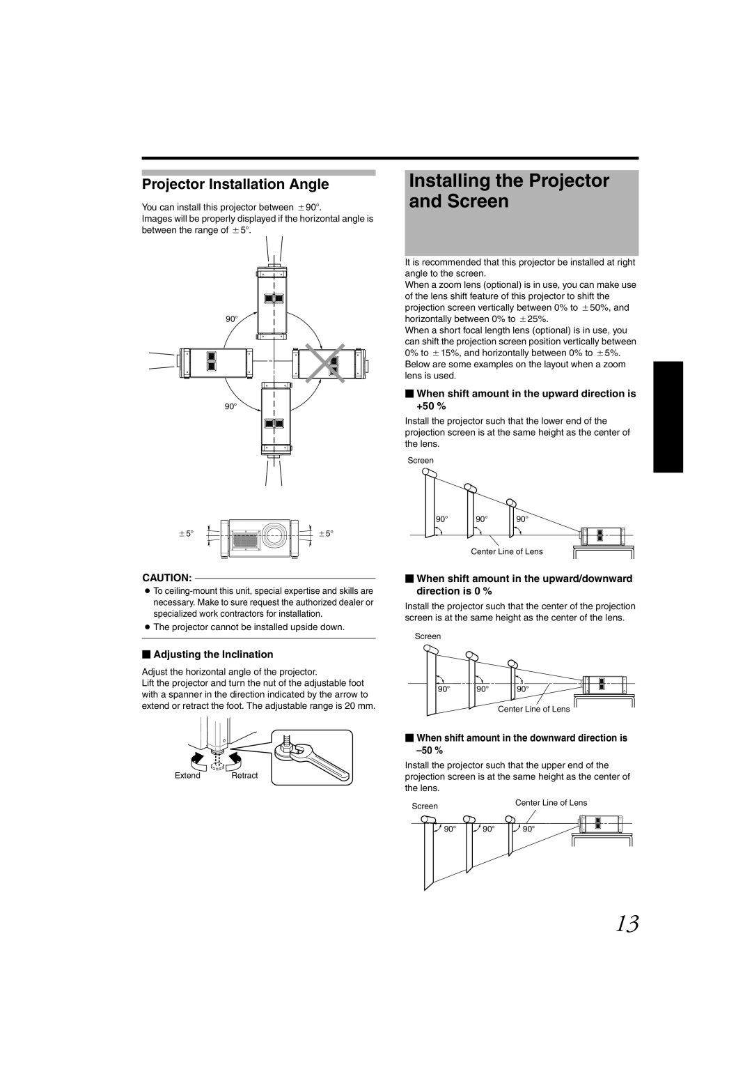 JVC DLA-SH4KNL instruction manual Installing the Projector and Screen, Projector Installation Angle 