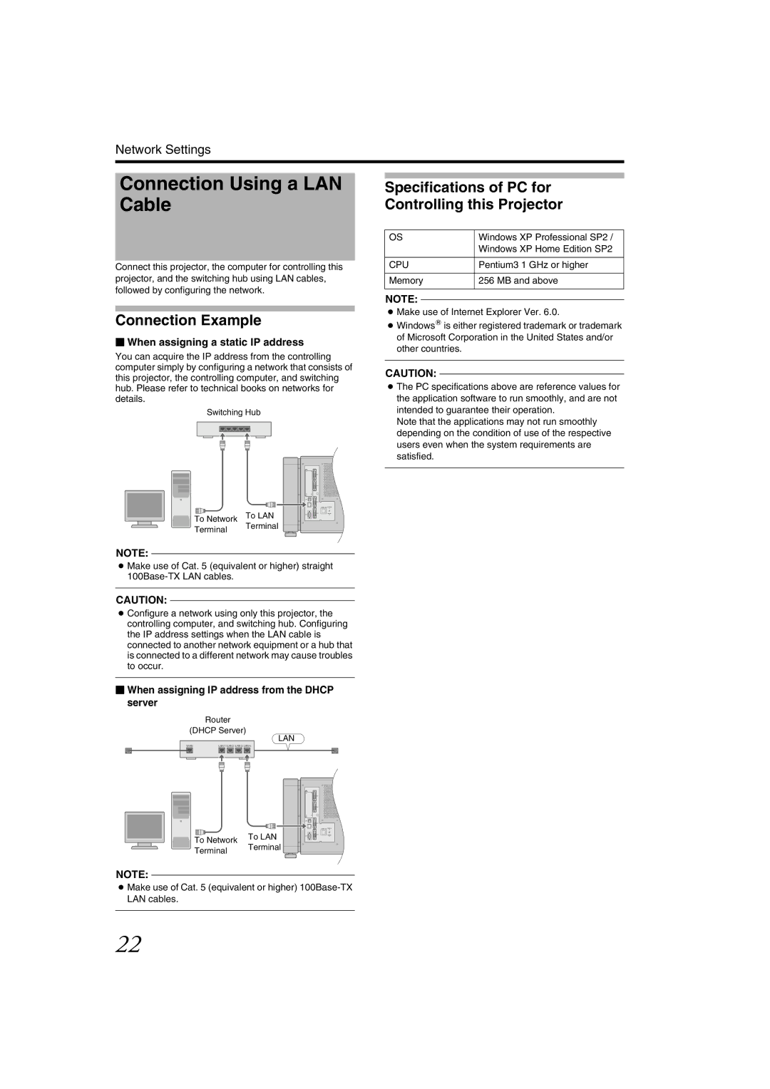 JVC DLA-SH4KNL instruction manual Specifications of PC for Controlling this Projector,  When assigning a static IP address 