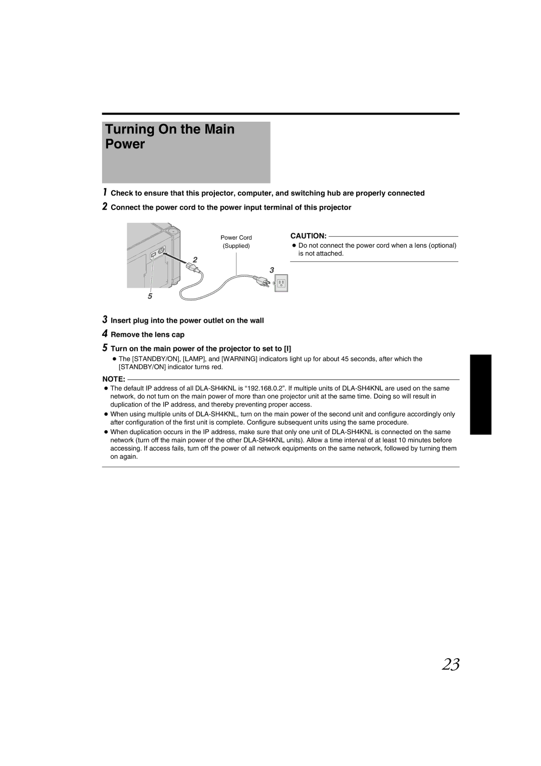 JVC DLA-SH4KNL instruction manual Turning On the Main Power 