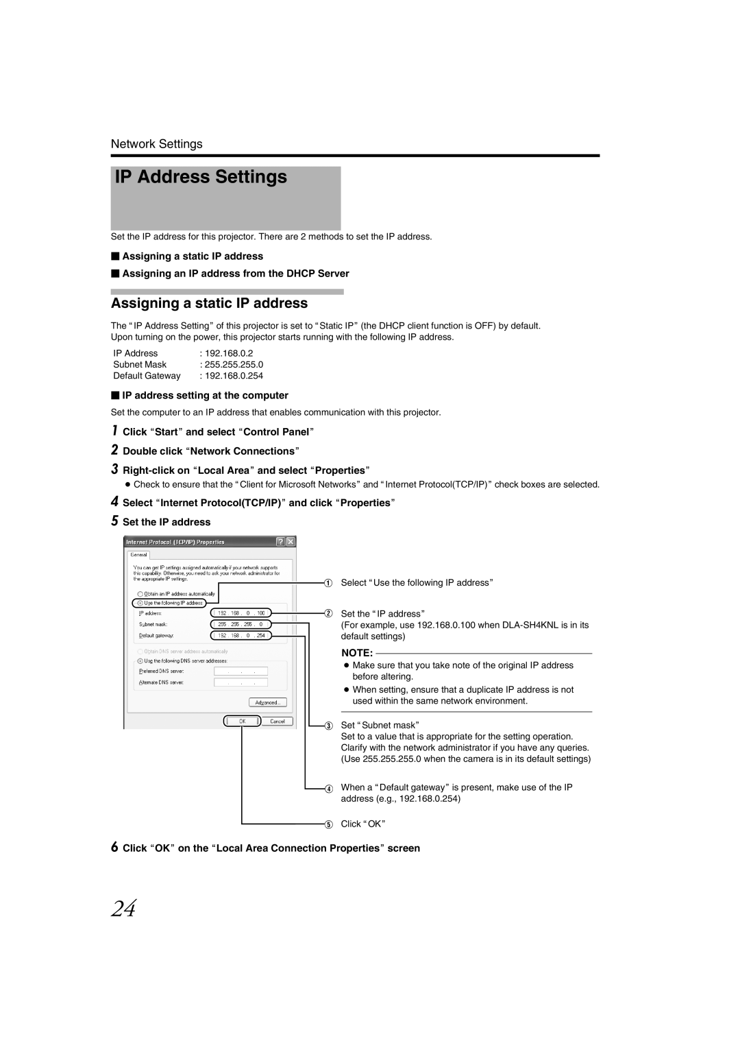 JVC DLA-SH4KNL instruction manual IP Address Settings, Assigning a static IP address,  IP address setting at the computer 