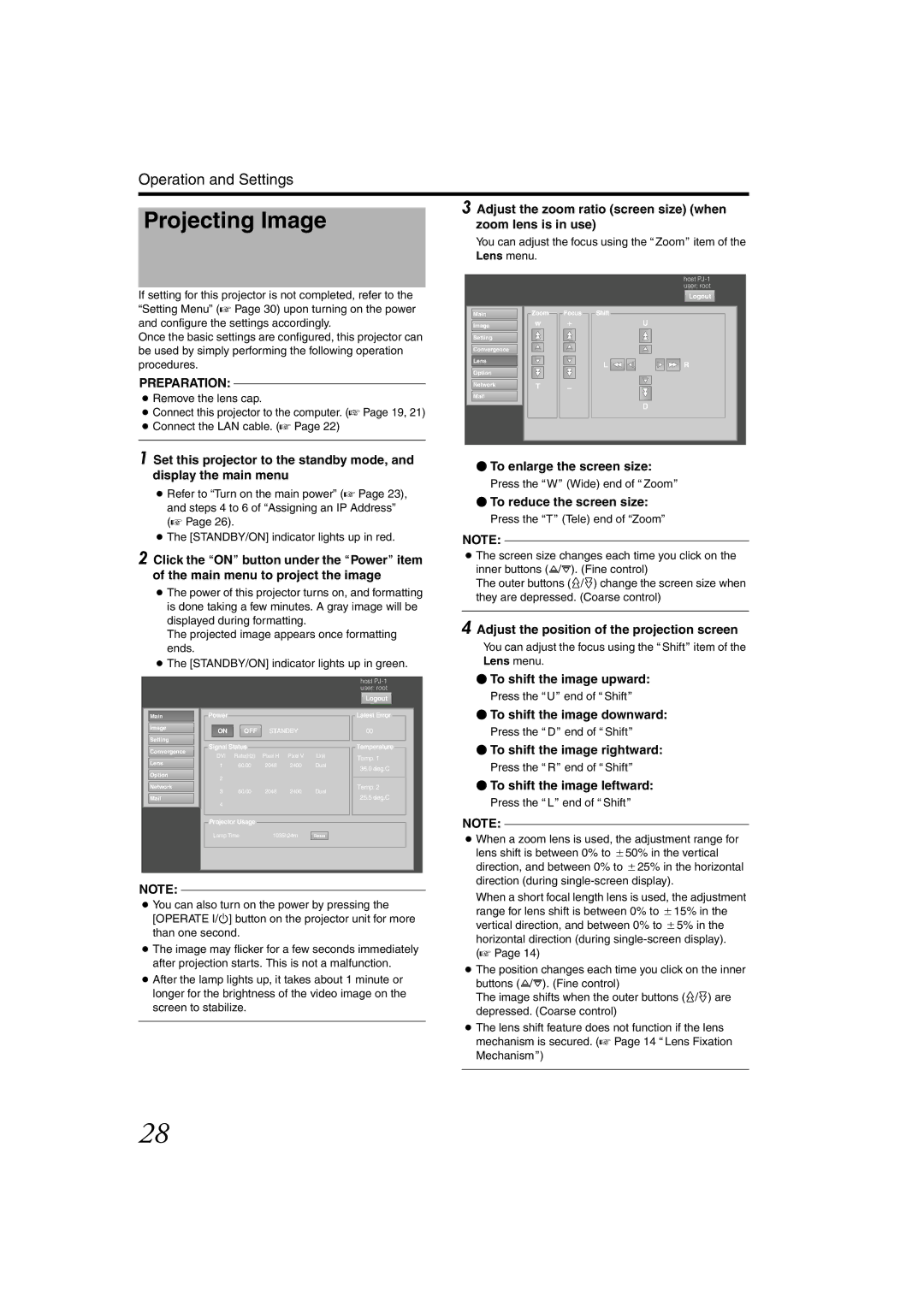 JVC DLA-SH4KNL instruction manual Projecting Image, Adjust the zoom ratio screen size when zoom lens is in use 