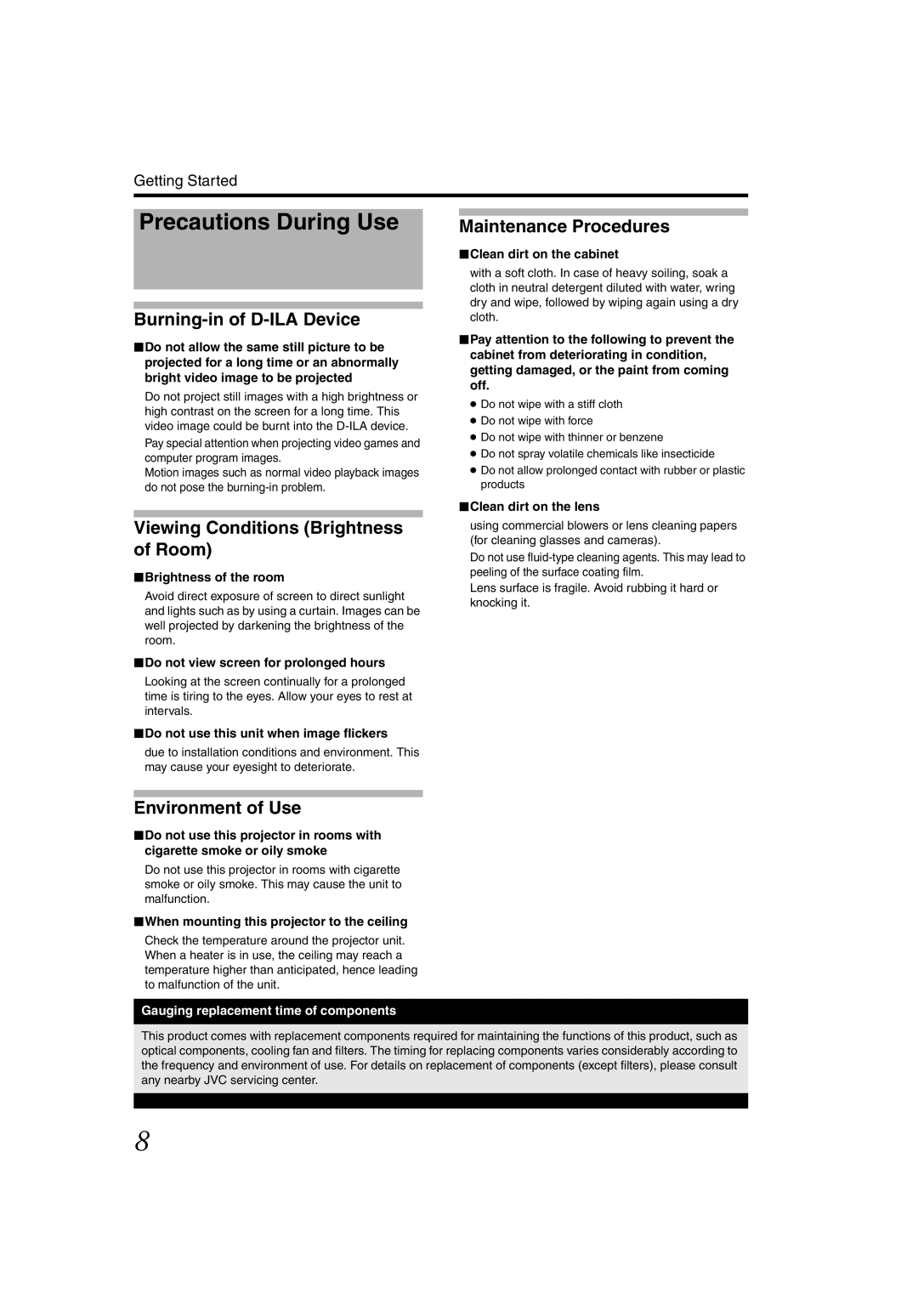 JVC DLA-SH4KNL instruction manual Precautions During Use, Burning-in of D-ILA Device, Viewing Conditions Brightness of Room 