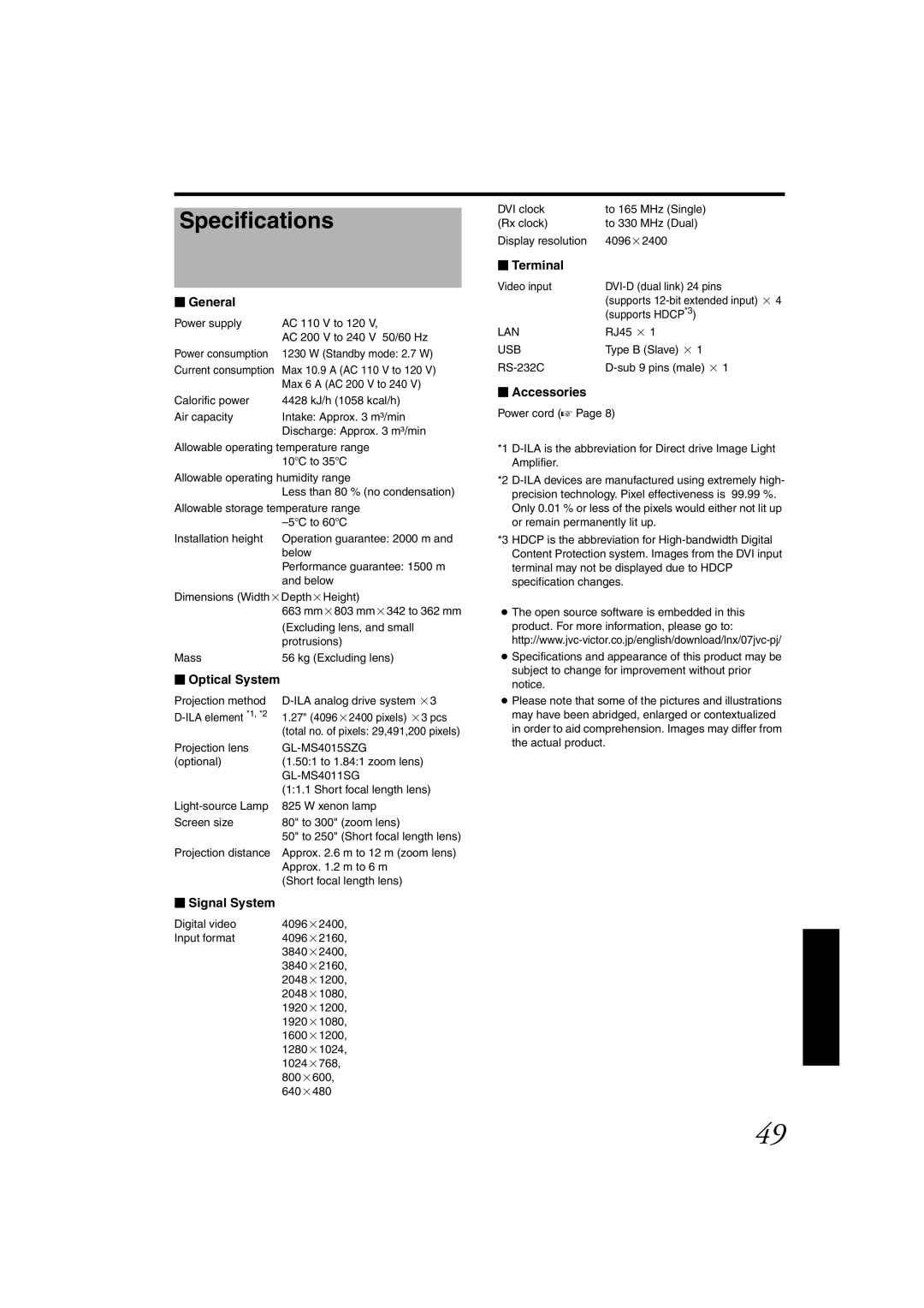 JVC DLA-SH4KNL instruction manual  General,  Optical System,  Signal System,  Terminal,  Accessories 