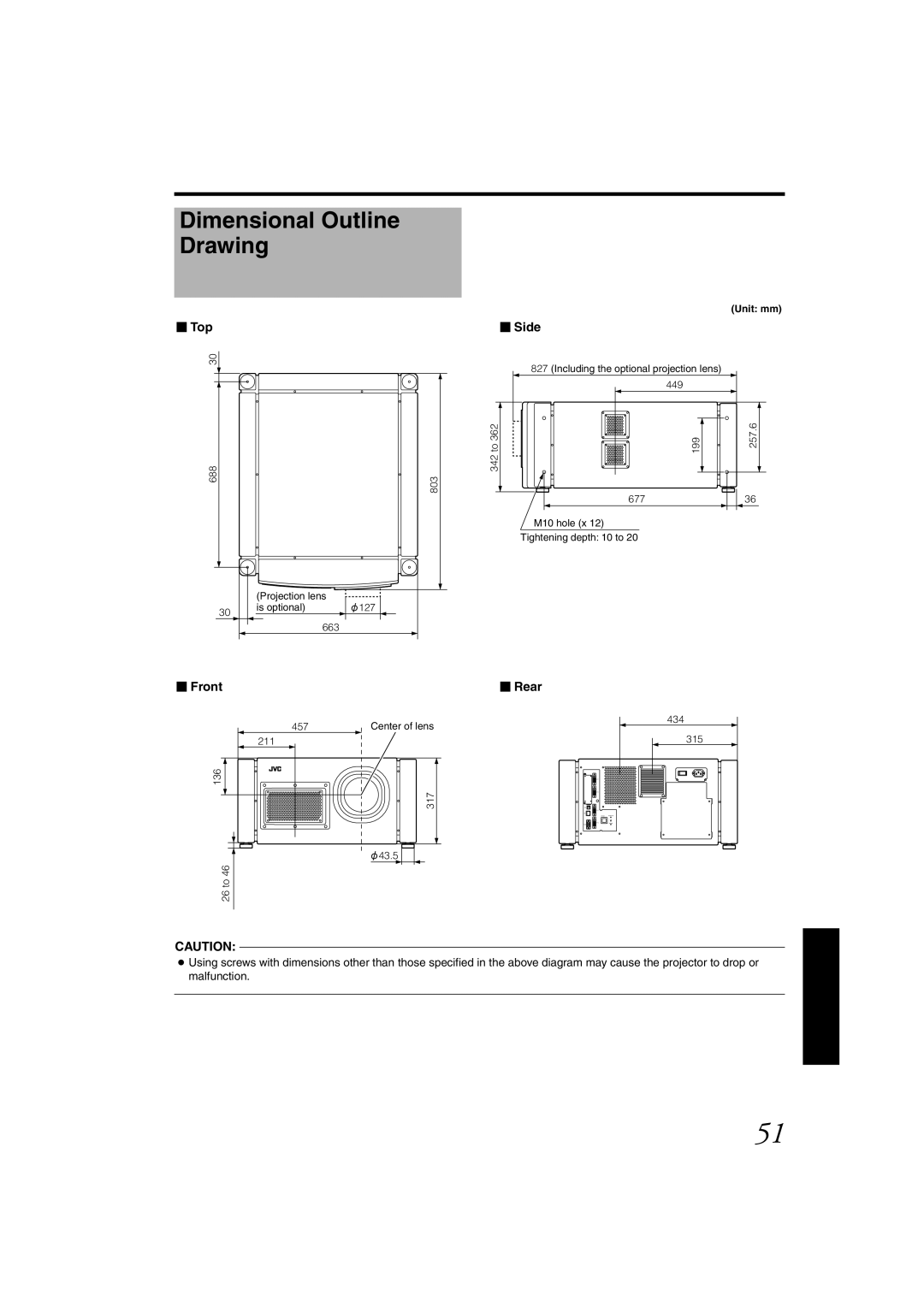 JVC DLA-SH4KNL instruction manual  Top,  Side,  Front  Rear 