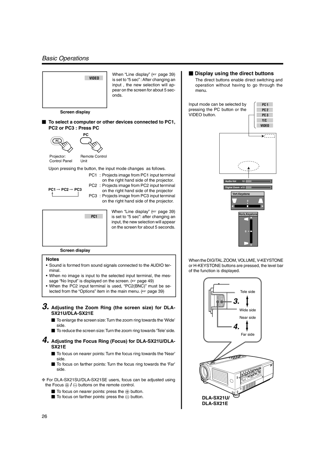 JVC DLA-SX21SE, DLA-SX21SU, DLA-SX21E instruction manual Basic Operations,  Display using the direct buttons, Screen display 