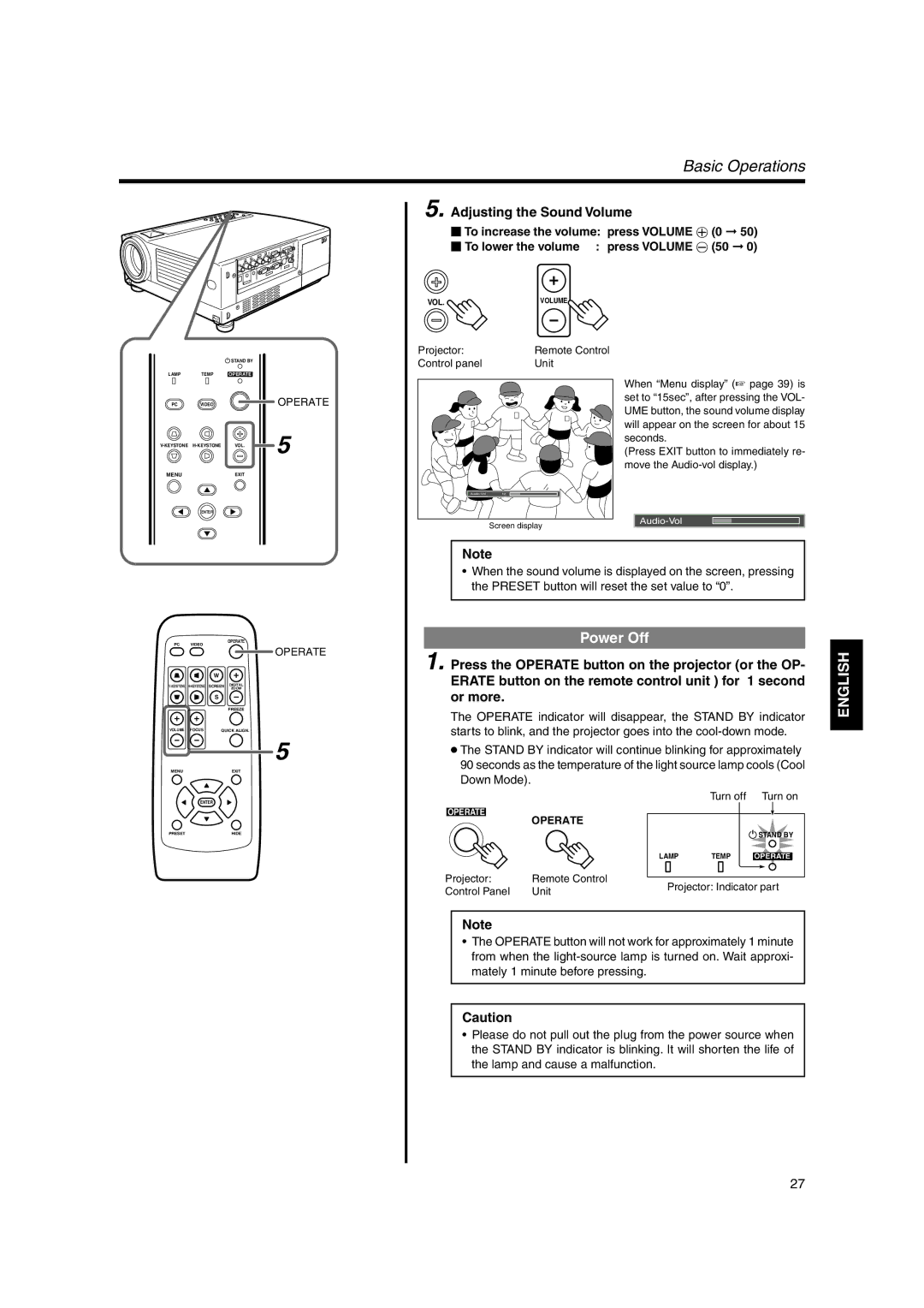 JVC DLA-SX21E, DLA-SX21SU, DLA-SX21SE instruction manual Power Off, Adjusting the Sound Volume 