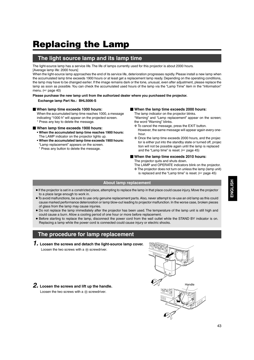 JVC DLA-SX21SU, DLA-SX21SE Replacing the Lamp, Light source lamp and its lamp time, Procedure for lamp replacement 