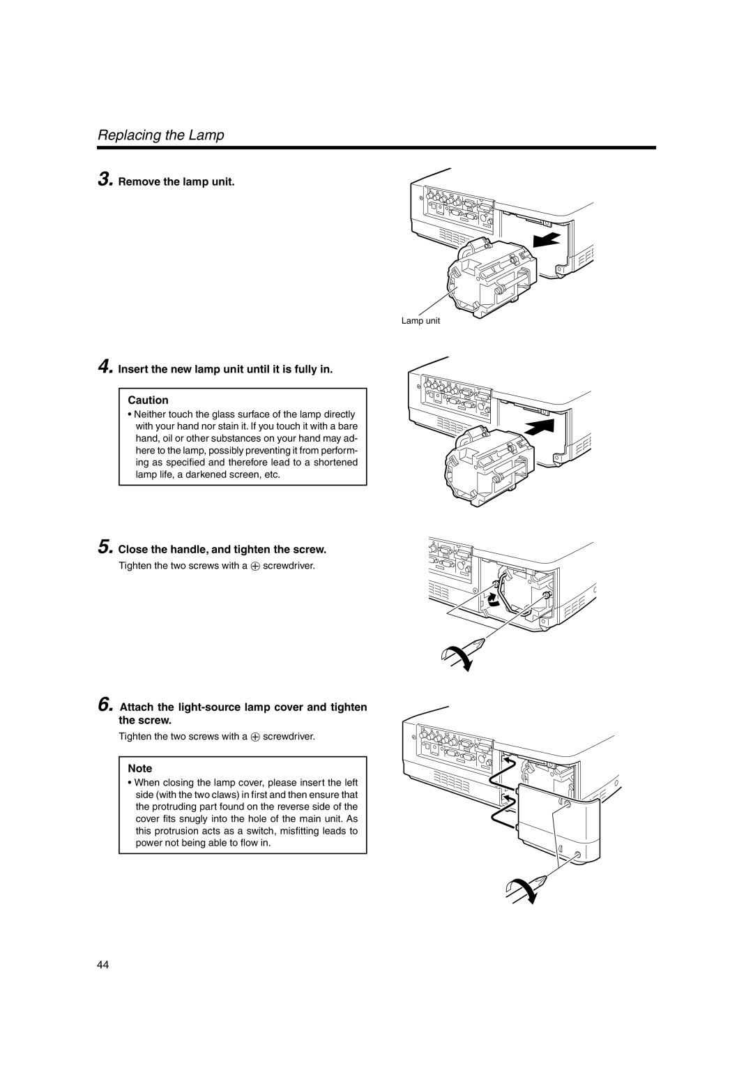 JVC DLA-SX21SE, DLA-SX21SU, DLA-SX21E Replacing the Lamp, Remove the lamp unit, Insert the new lamp unit until it is fully 