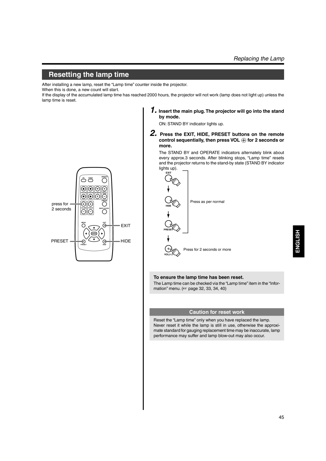 JVC DLA-SX21E, DLA-SX21SU Resetting the lamp time, By mode, Press the EXIT, HIDE, Preset buttons on the remote, More 